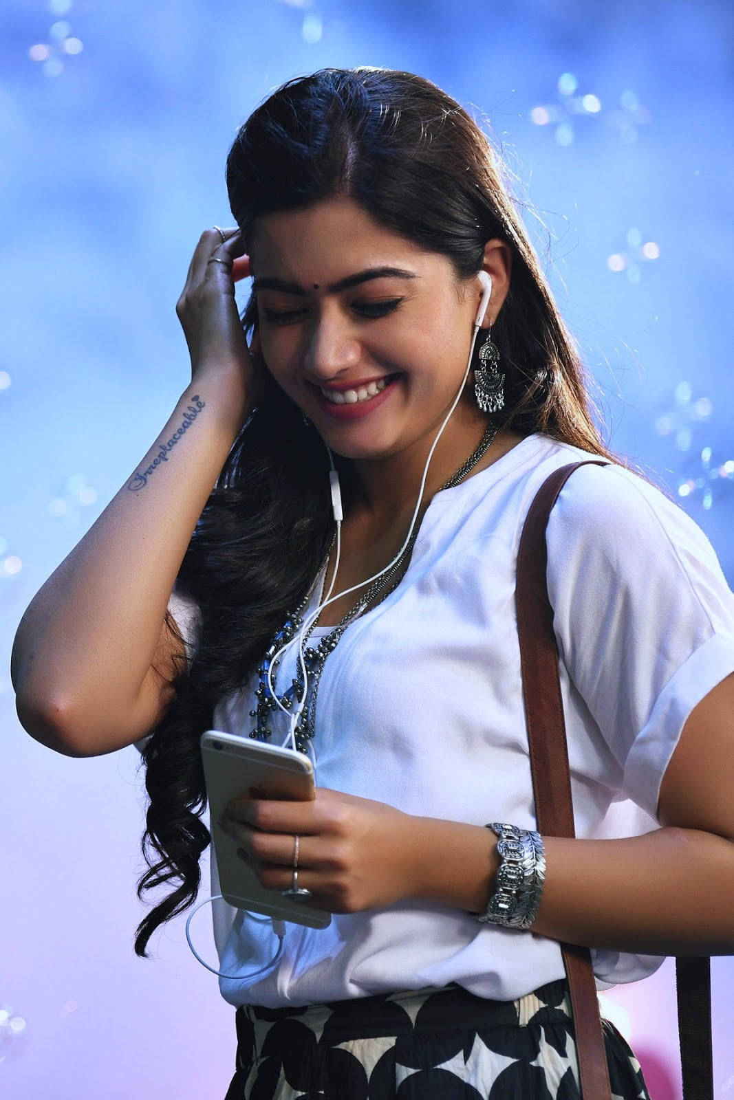 Rashmika Mandanna, white blouse, long dark hair, HD Phone Wallpaper