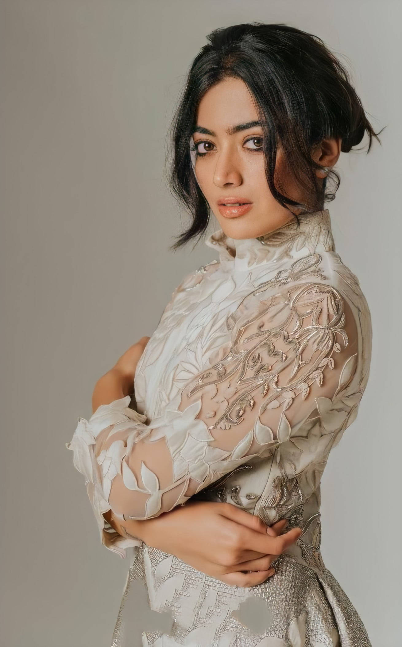 Rashmika Mandanna, white lace dress, neutral gray background, Full HD Phone Wallpaper