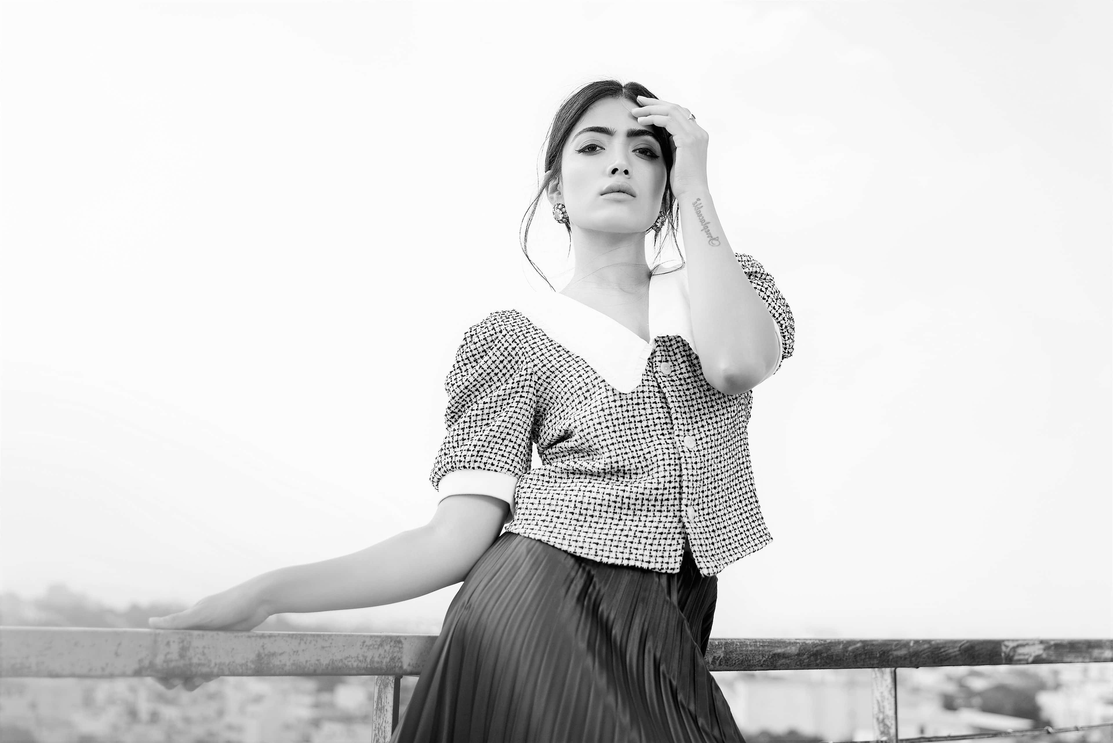 Rashmika Mandanna, black and white photography, patterned blouse, 4K Desktop Wallpaper