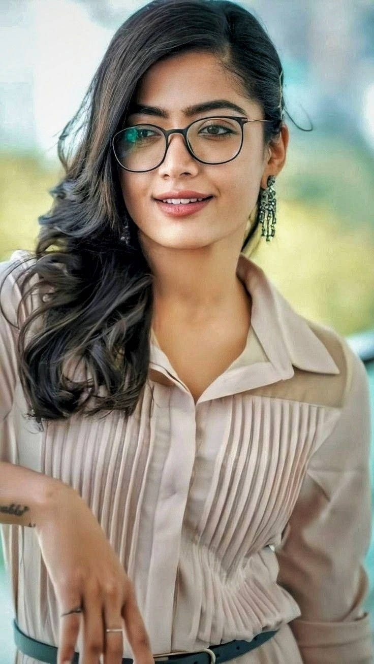 Rashmika Mandanna, dark wavy hair, glasses, HD Phone Wallpaper