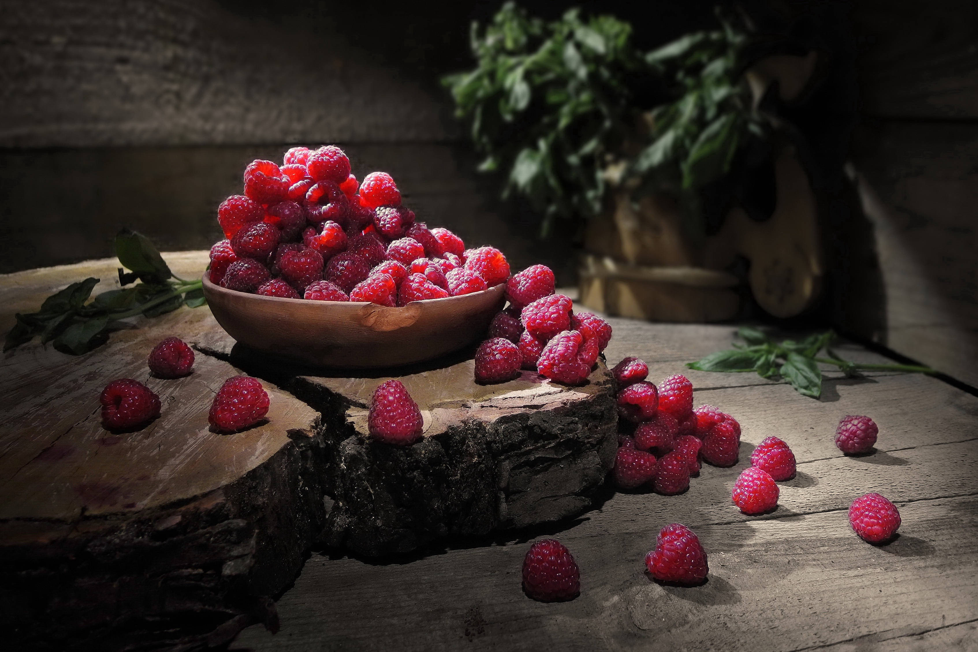 wooden bowl, fresh red raspberries, rustic tree stump, 2K Desktop Wallpaper