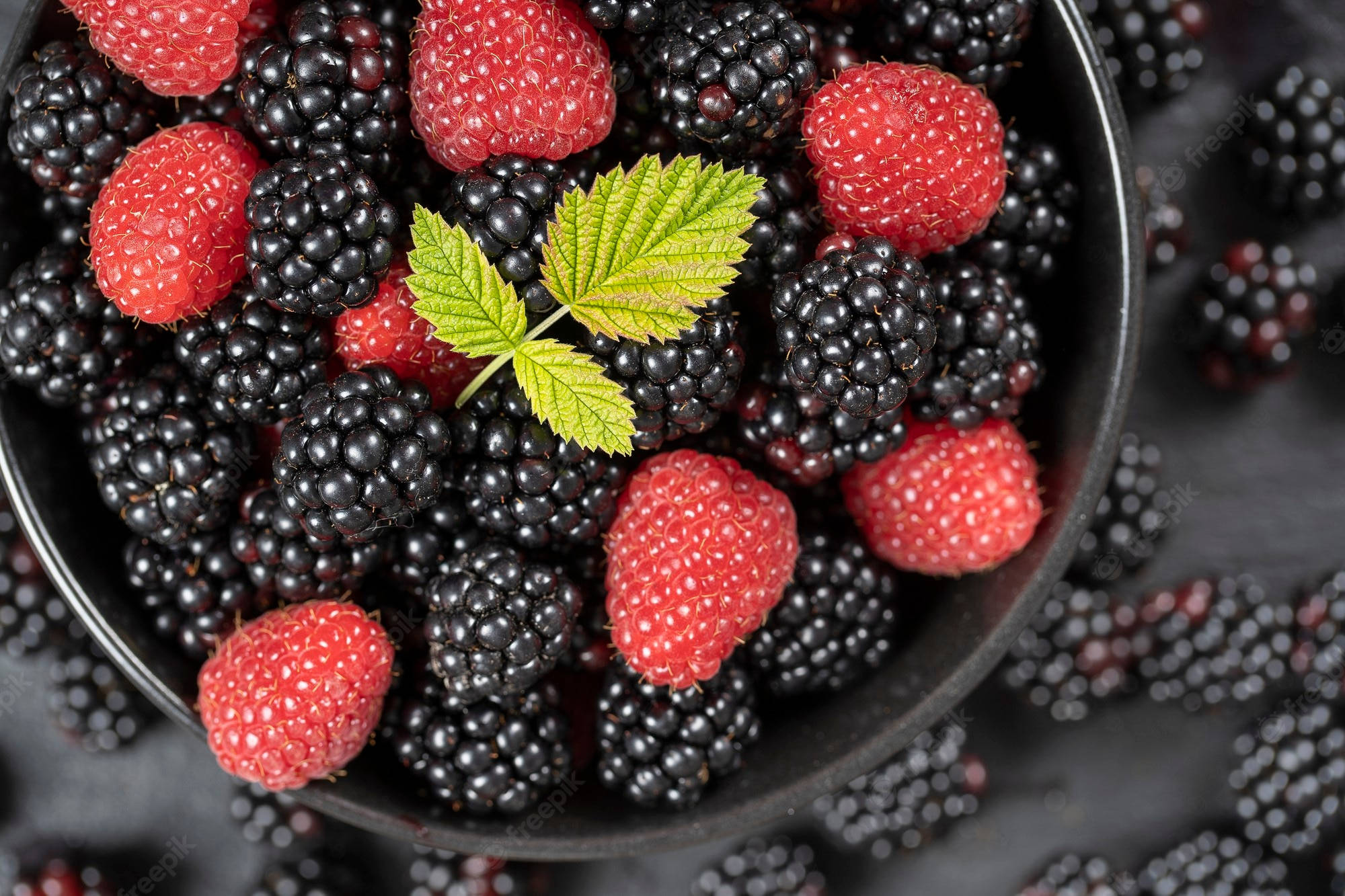 red raspberries, black raspberries, black bowl, Full HD Desktop Wallpaper