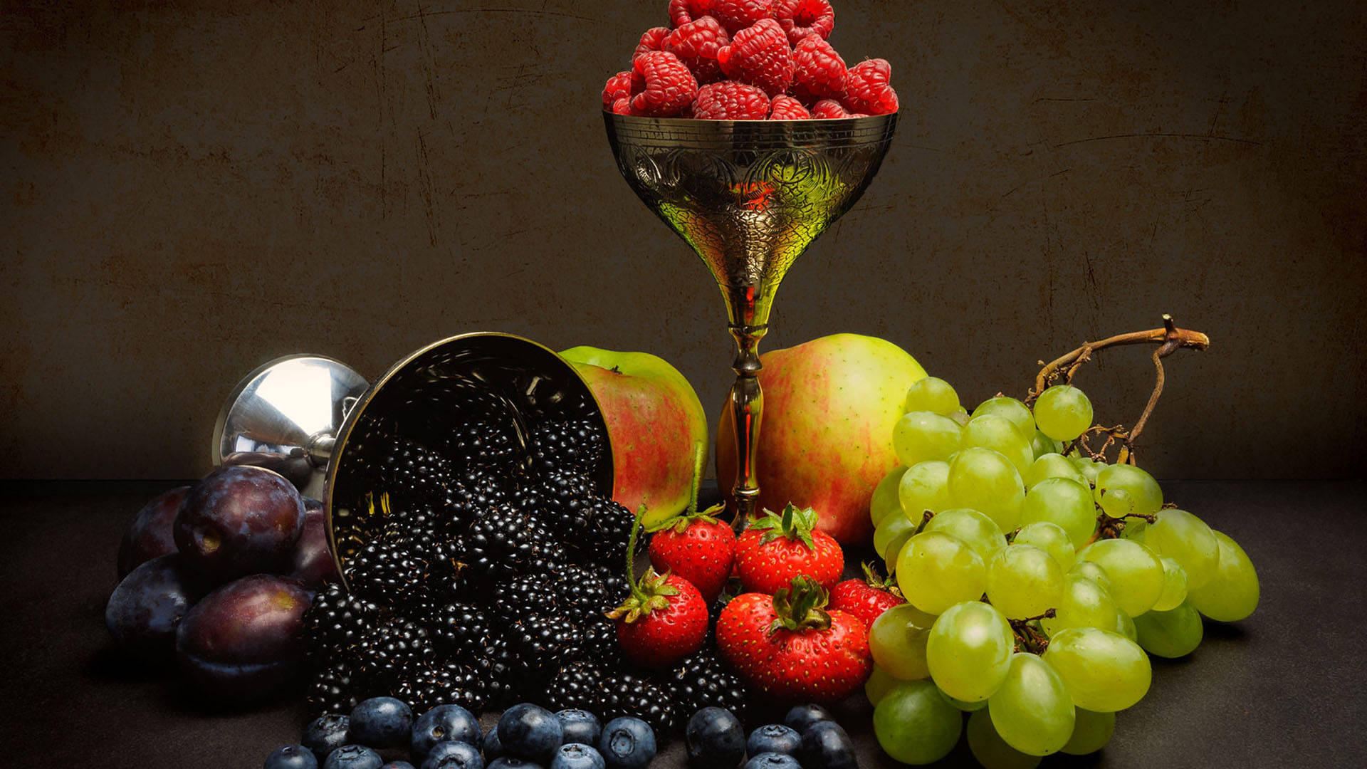 silver cups, raspberries, ornate goblet, Full HD Desktop Wallpaper