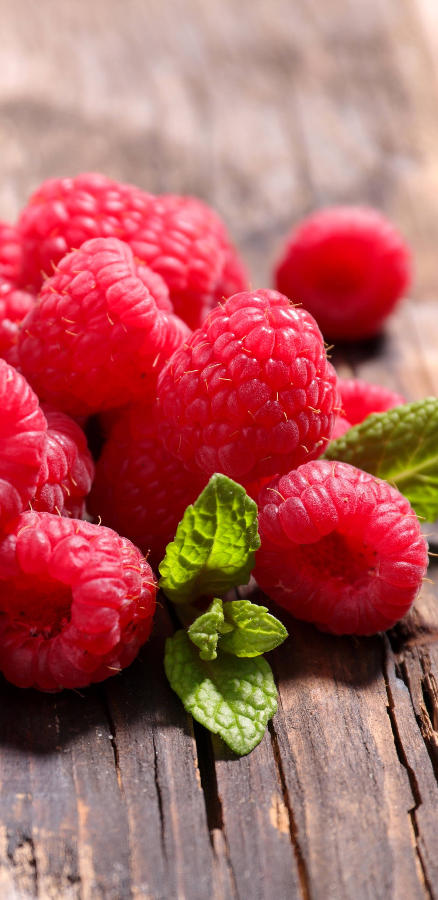 red raspberries, fresh mint leaves, weathered wooden surface, 2K Phone Wallpaper