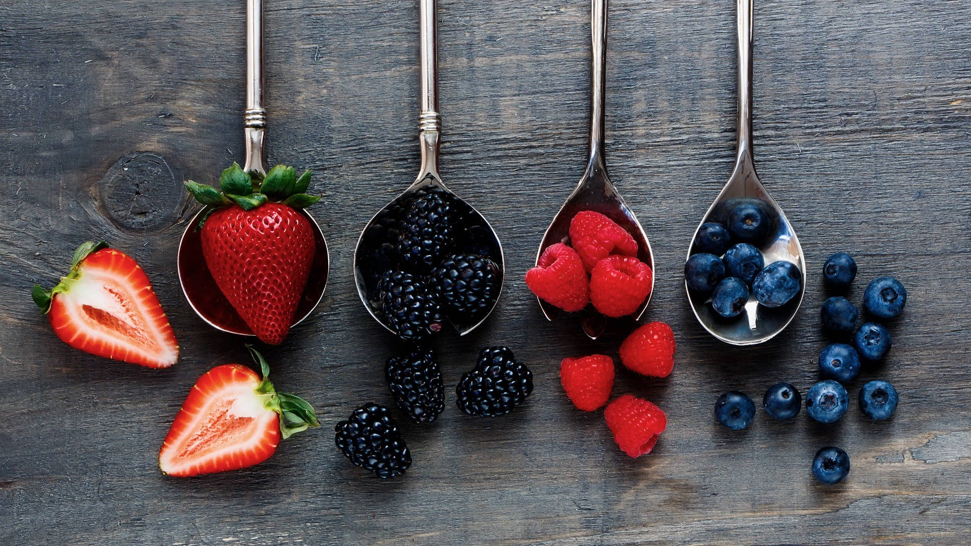 raspberries, spoons, dark rustic wooden surface, Full HD Desktop Wallpaper