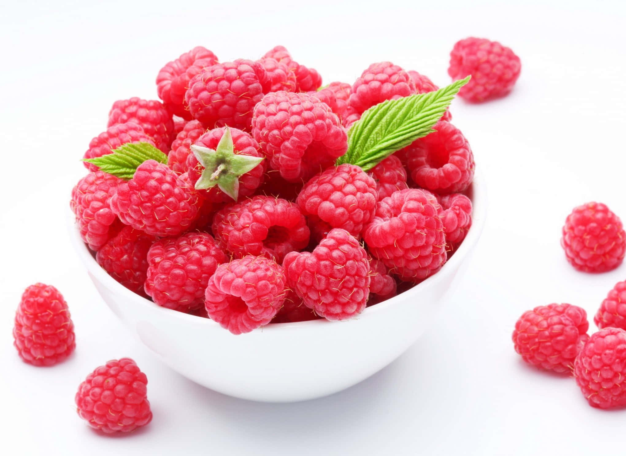 fresh red raspberries, vibrant red raspberries, white bowl, Full HD Desktop Wallpaper