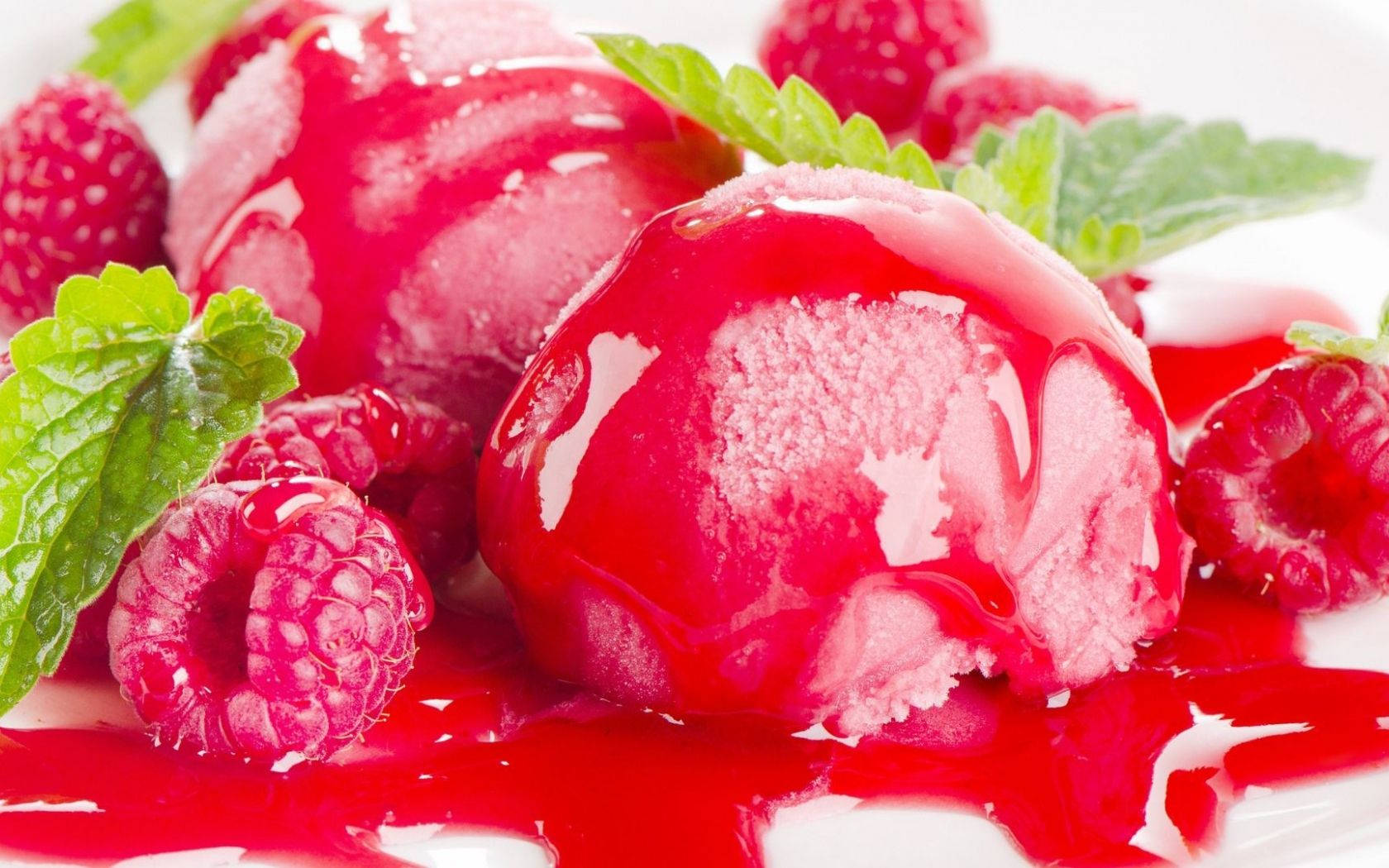 raspberries, mint sorbet, vibrant red sauce, HD Desktop Wallpaper