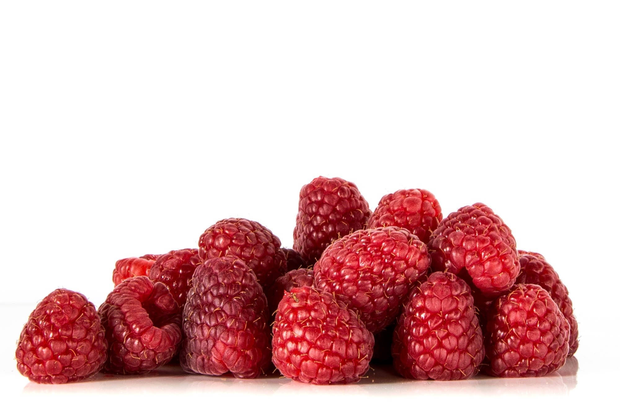 fresh red raspberries, vibrant pile, stark white background, Full HD Desktop Wallpaper