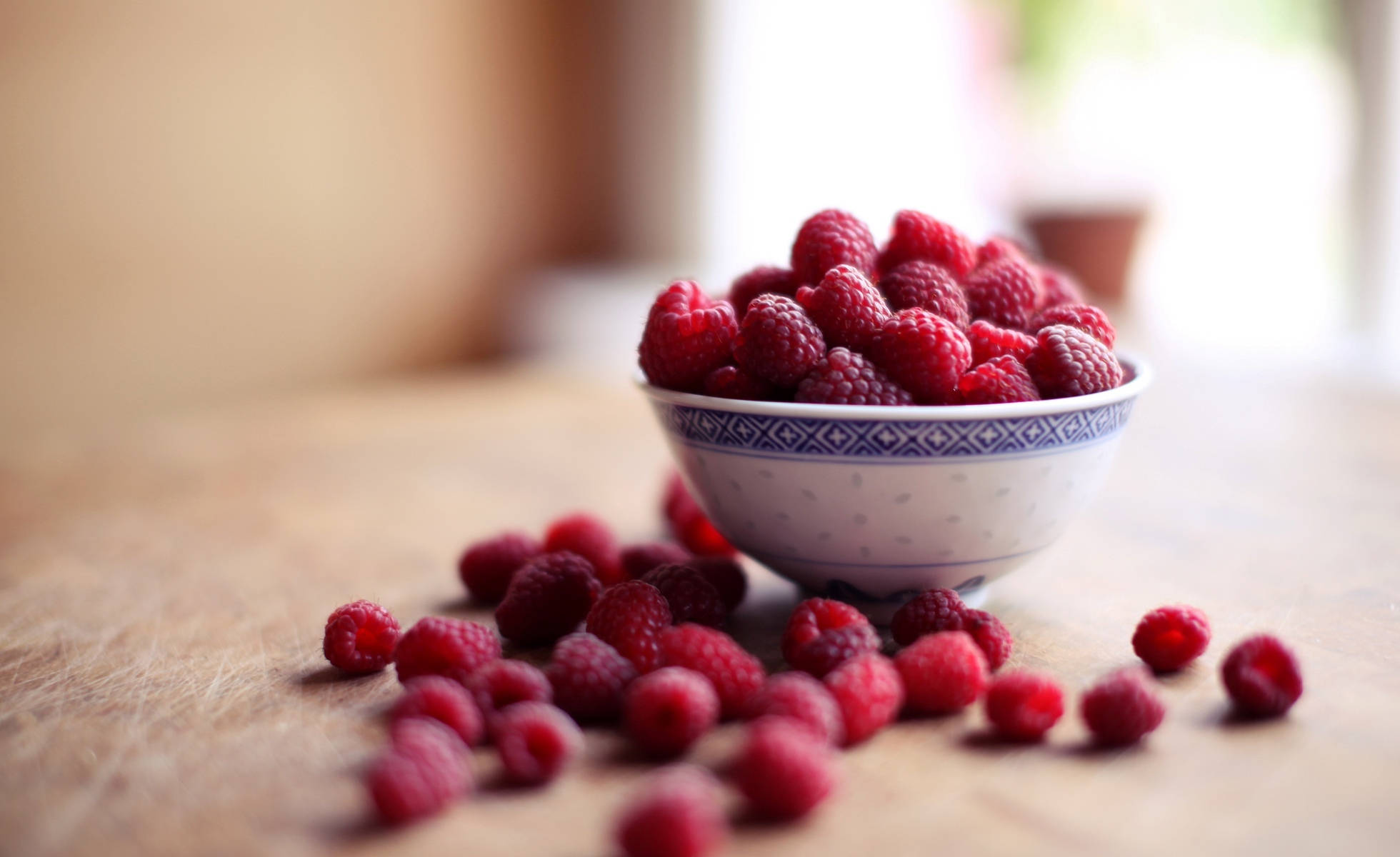 raspberry food bowl, white bowl, blue pattern, Full HD Desktop Wallpaper