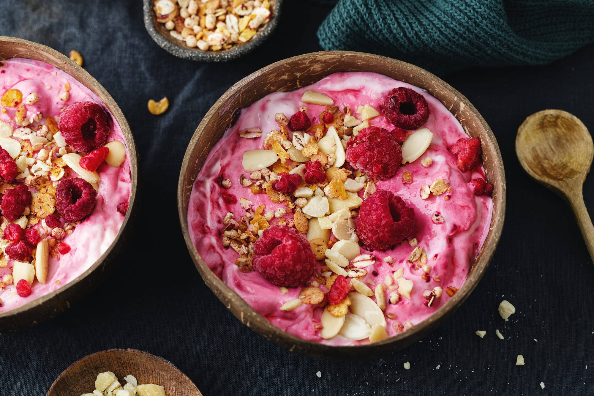 pink yogurt, raspberries, coconut bowls, Full HD Desktop Wallpaper