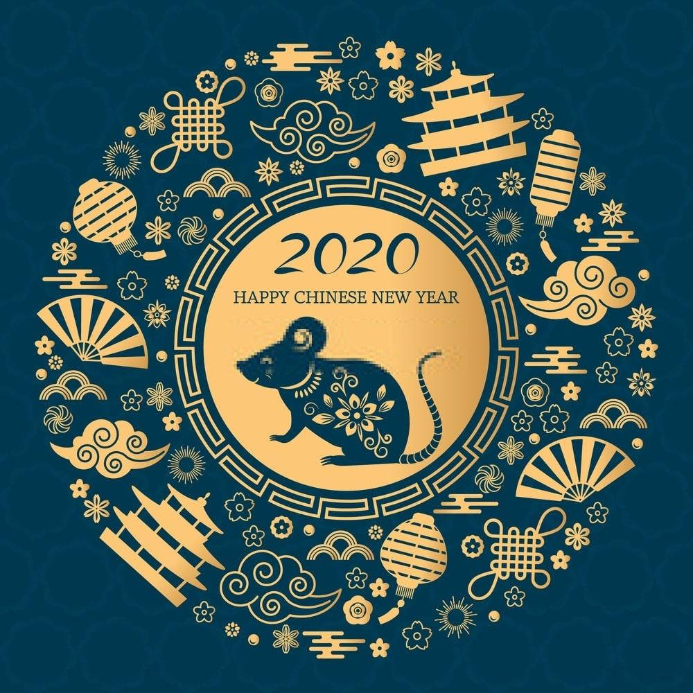 2020 Happy Chinese New Year Rat, blue and gold theme, golden Chinese New Year 2020 design, SD Desktop Wallpaper