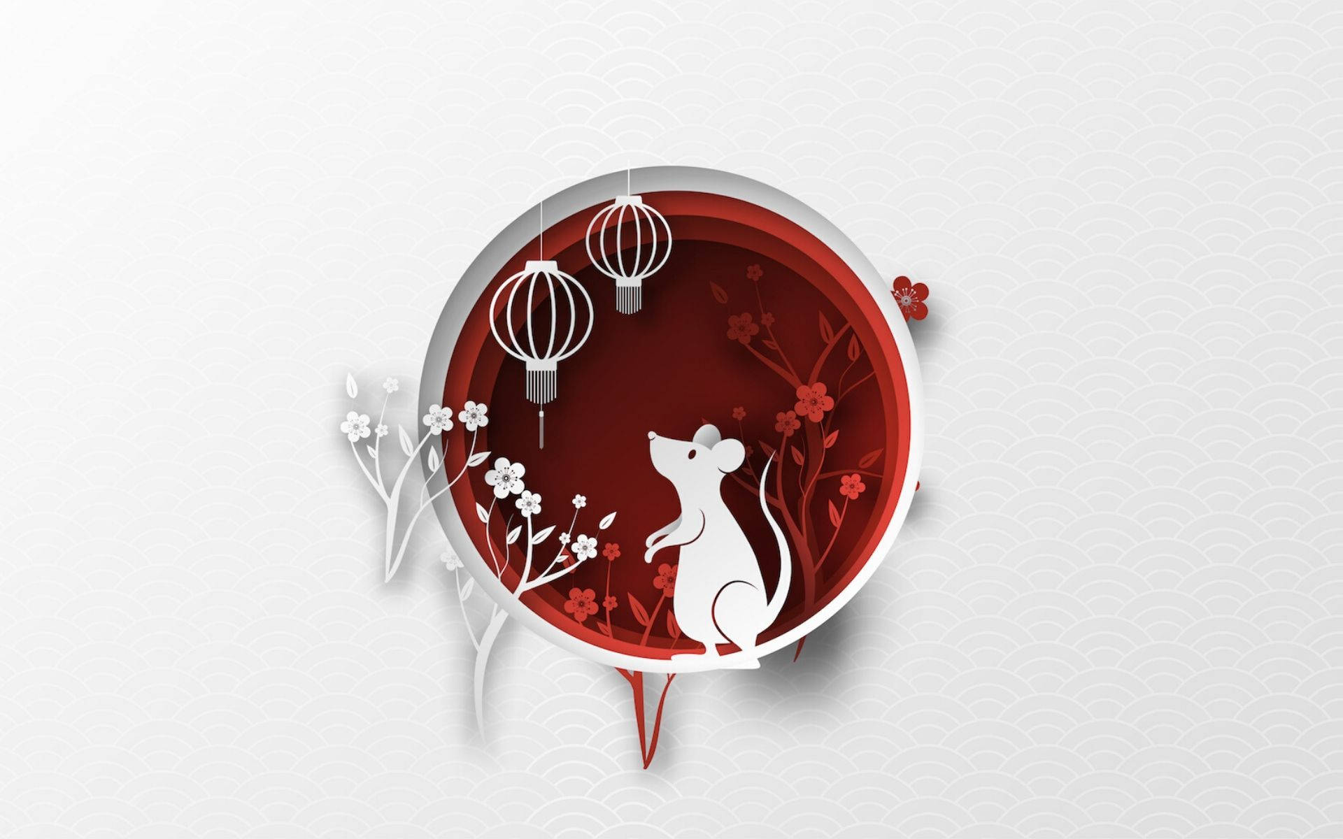 white rat, red circular frame, hanging lanterns, Full HD Desktop Wallpaper