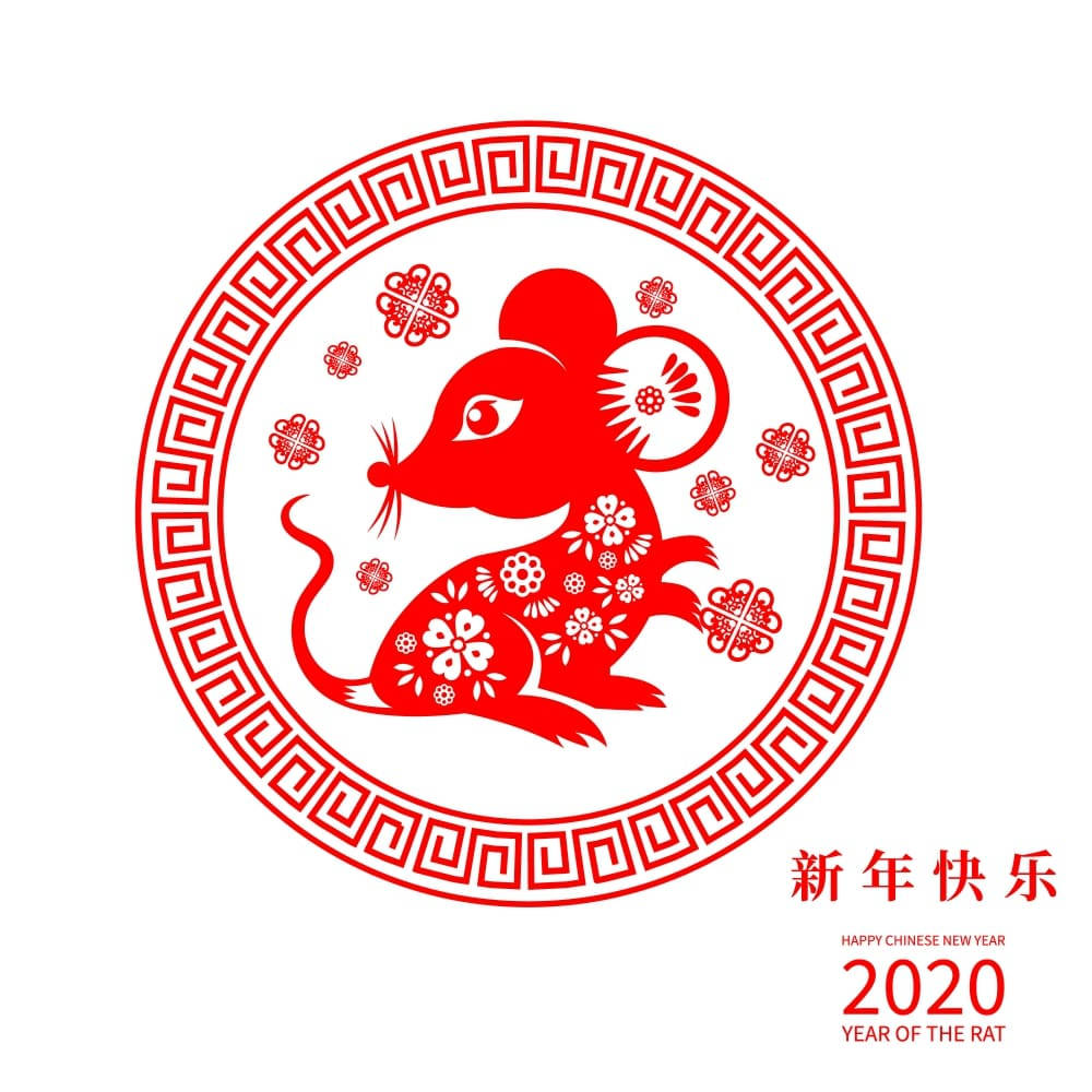 red paper-cut rat, floral patterns, traditional circular border, SD Desktop Wallpaper