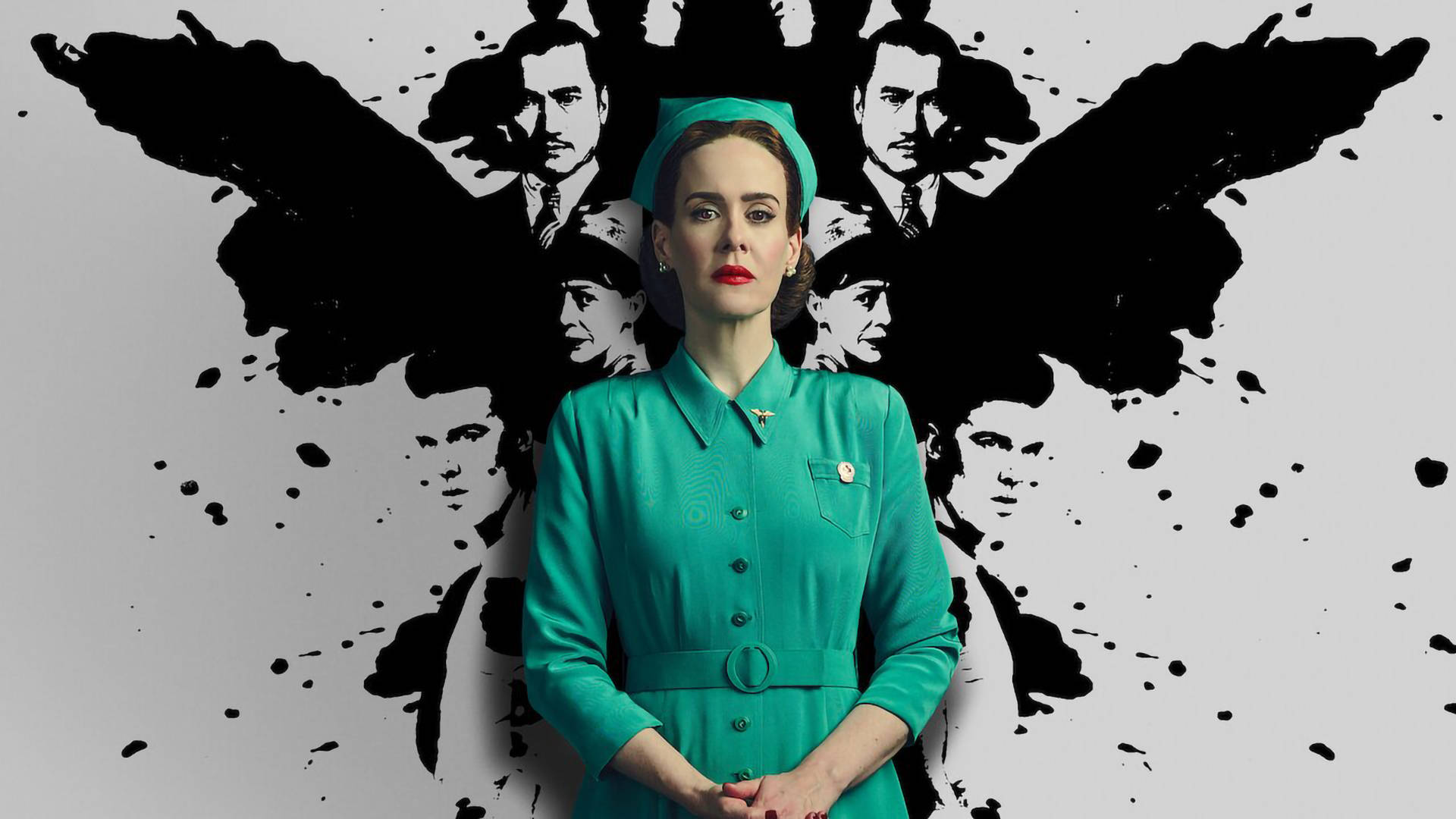 Ratched, teal 1950s dress, black ink splatter backdrop, Full HD Desktop Wallpaper