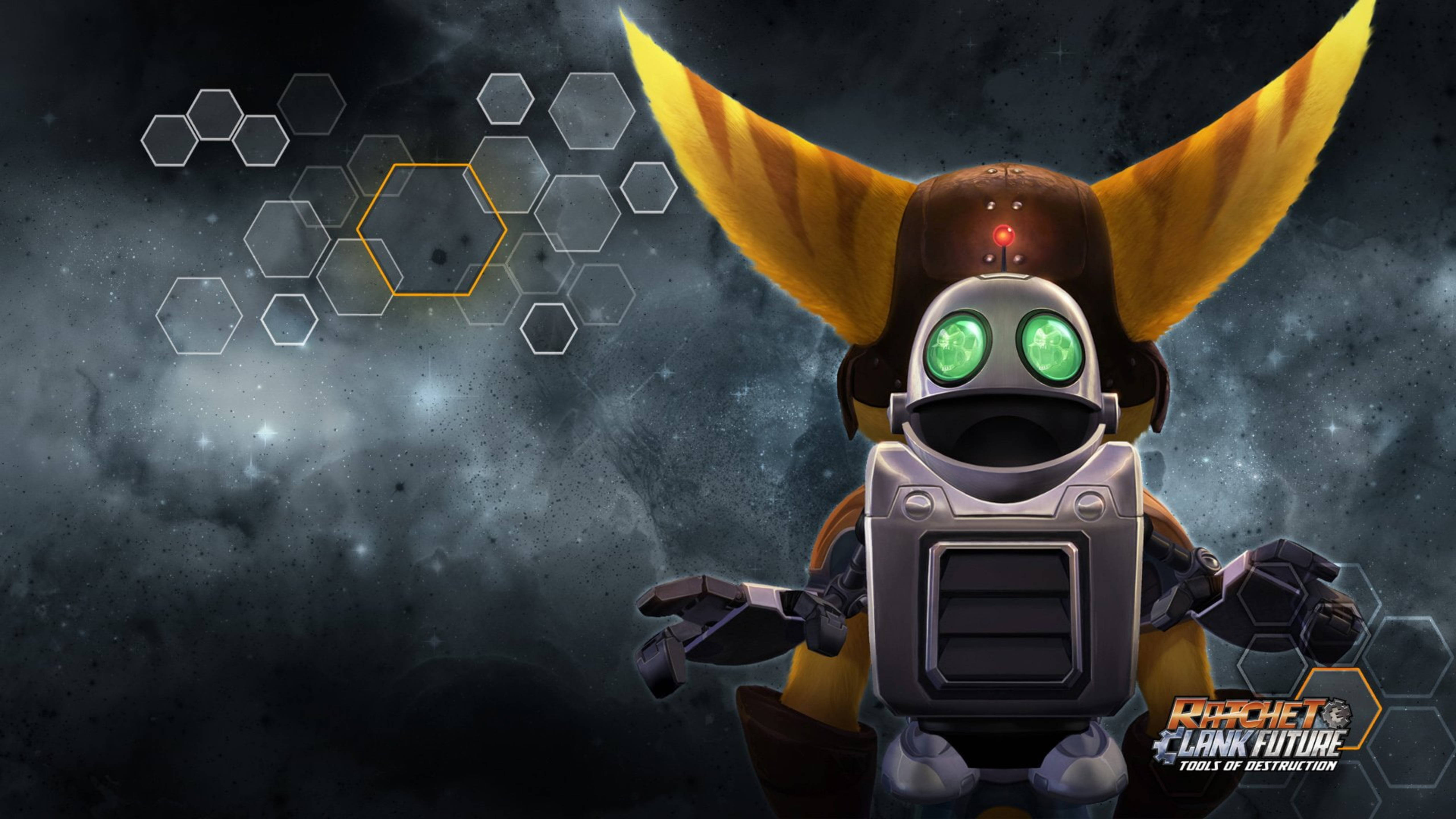 Ratchet and clank, glowing green eyes, yellow wing-like ears, 5K Desktop Wallpaper