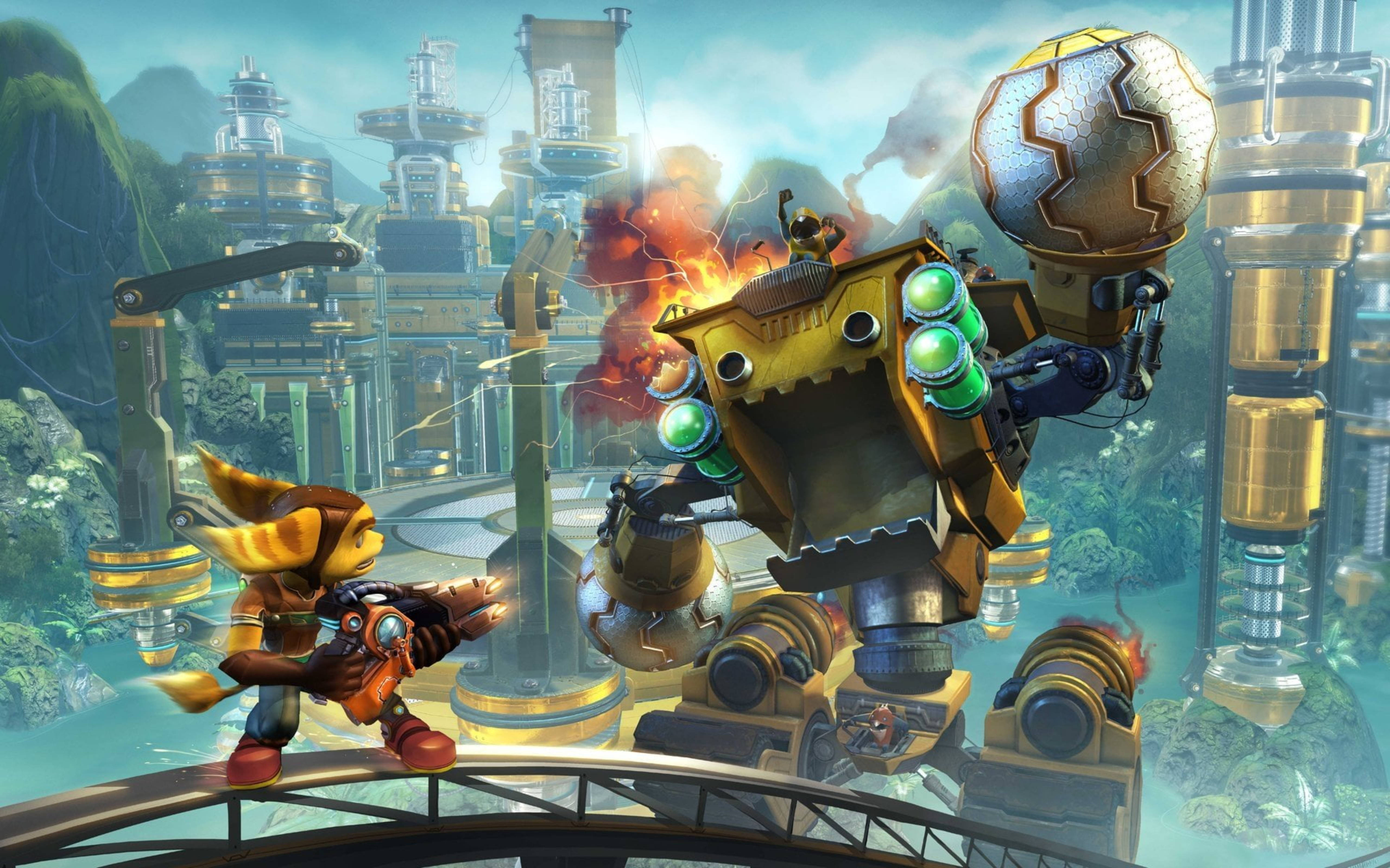 Ratchet and Clank, fox-like hero, giant golden robot, 5K Desktop Wallpaper