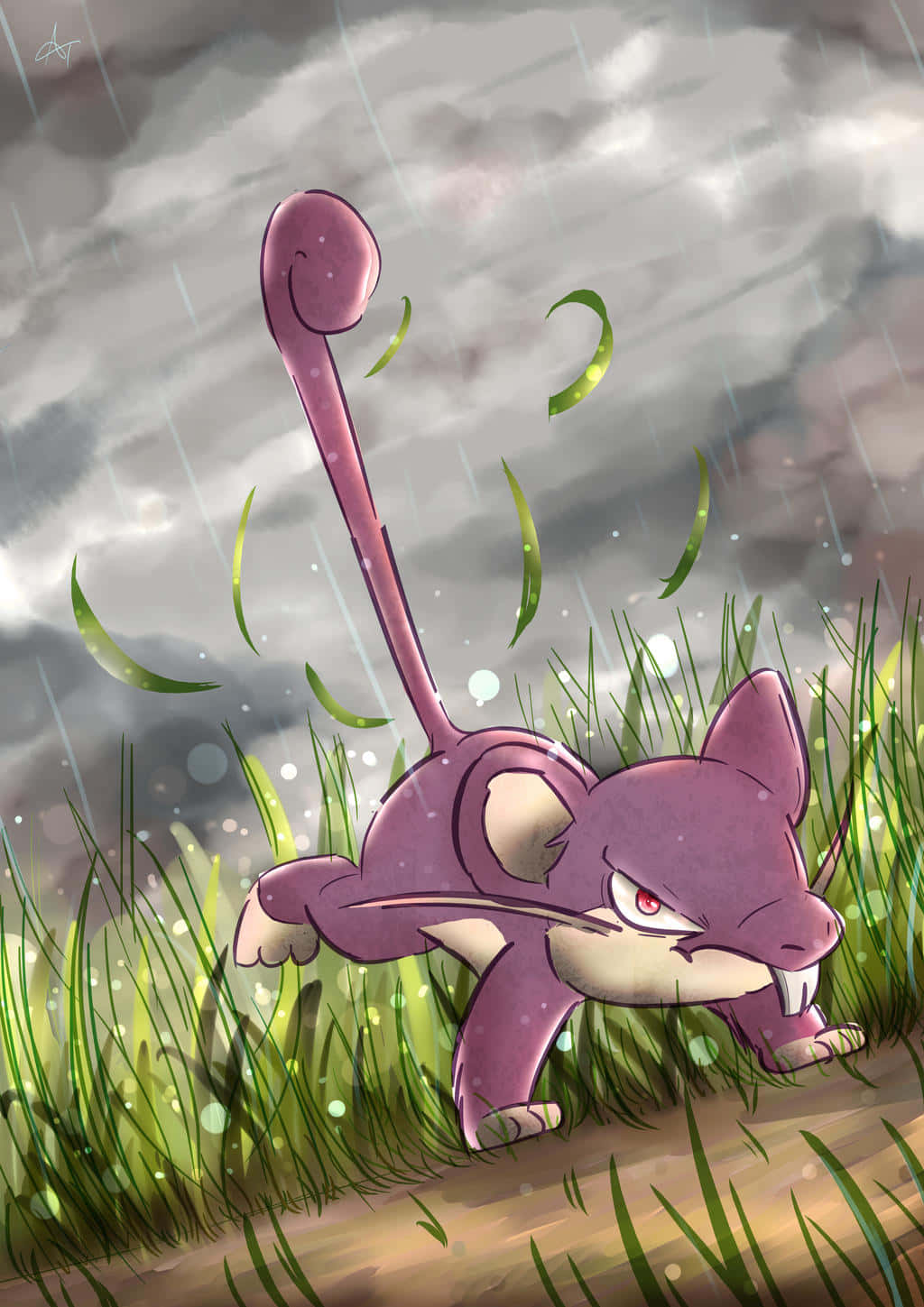 Rattata, green grass field, gray sky, HD Phone Wallpaper