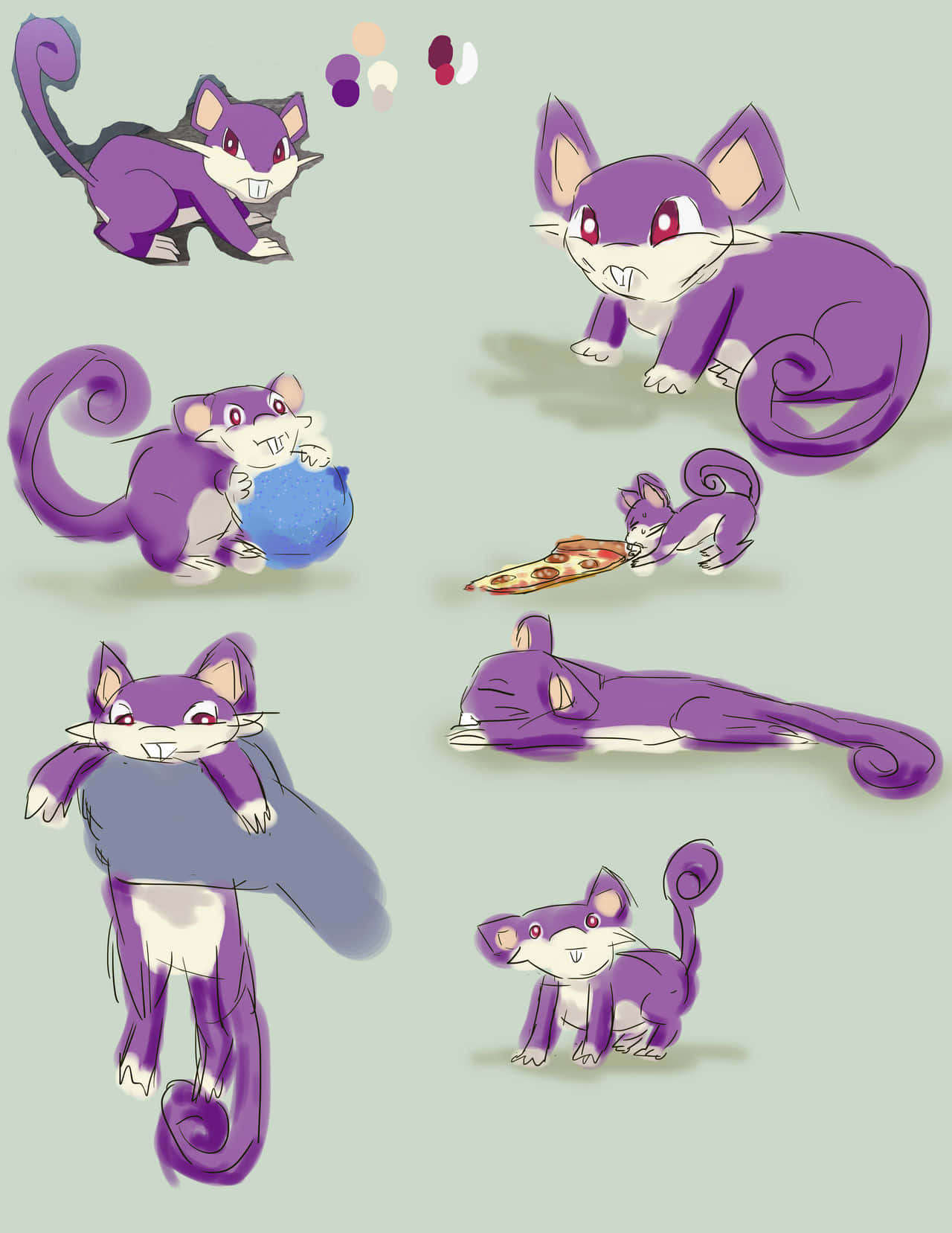 Rattata, purple cat-like creature, eating pizza, HD Phone Wallpaper