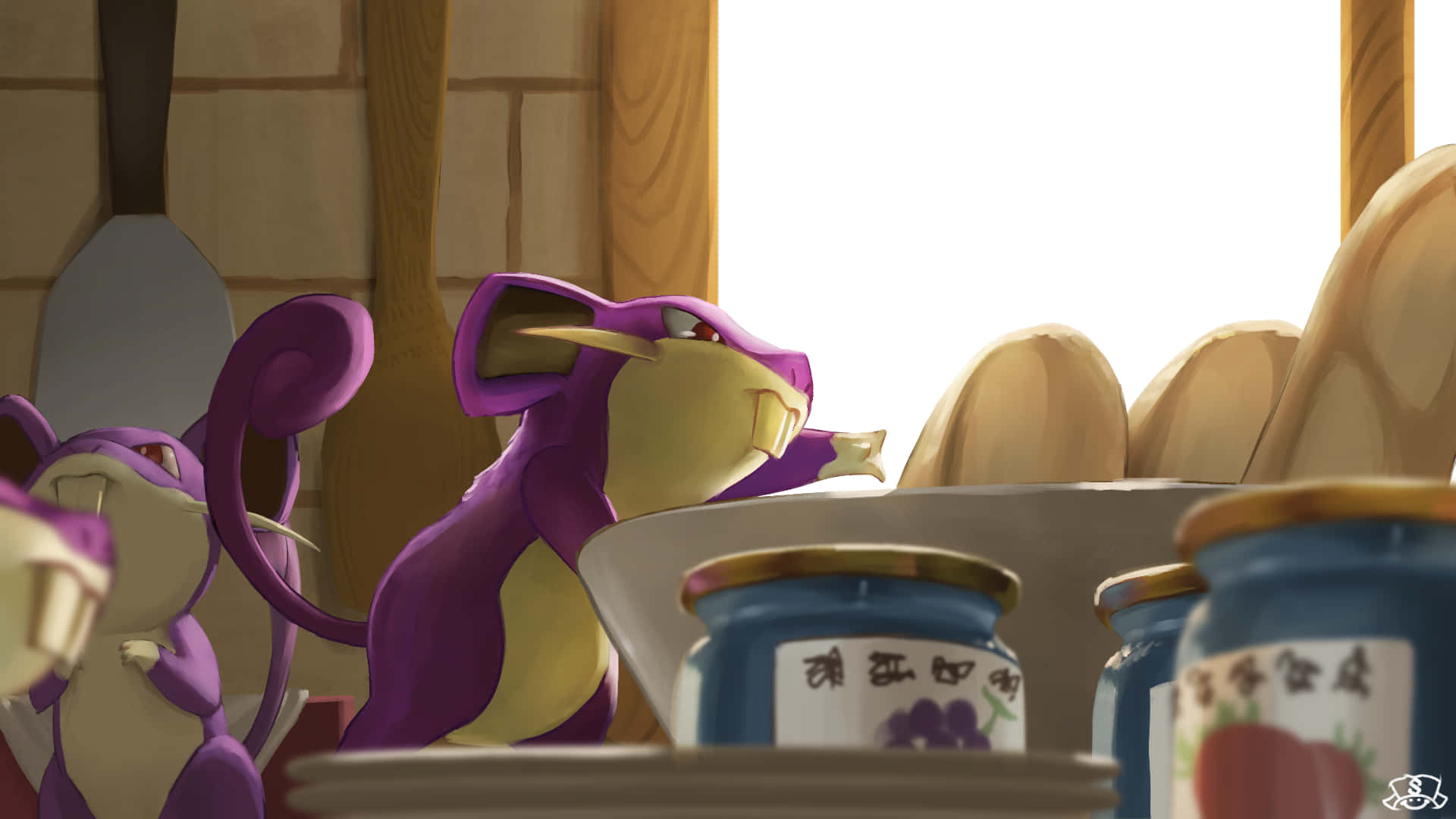 Rattata, purple and yellow, sunlit kitchen, Full HD Desktop Wallpaper