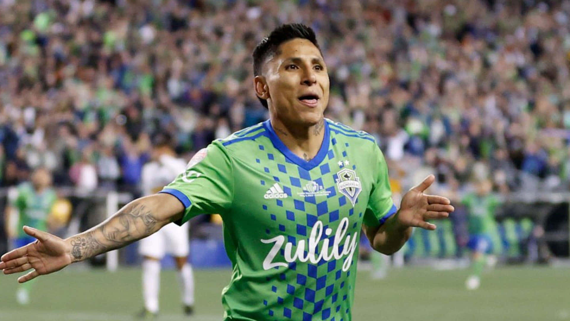 Raul Ruidiaz, green and blue checkered jersey, stadium field, Full HD Desktop Wallpaper