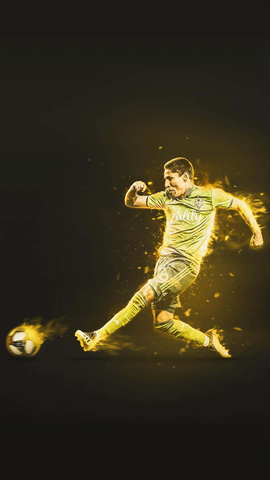 Raul Ruidiaz, green jersey, fiery golden particles, Full HD Phone Wallpaper