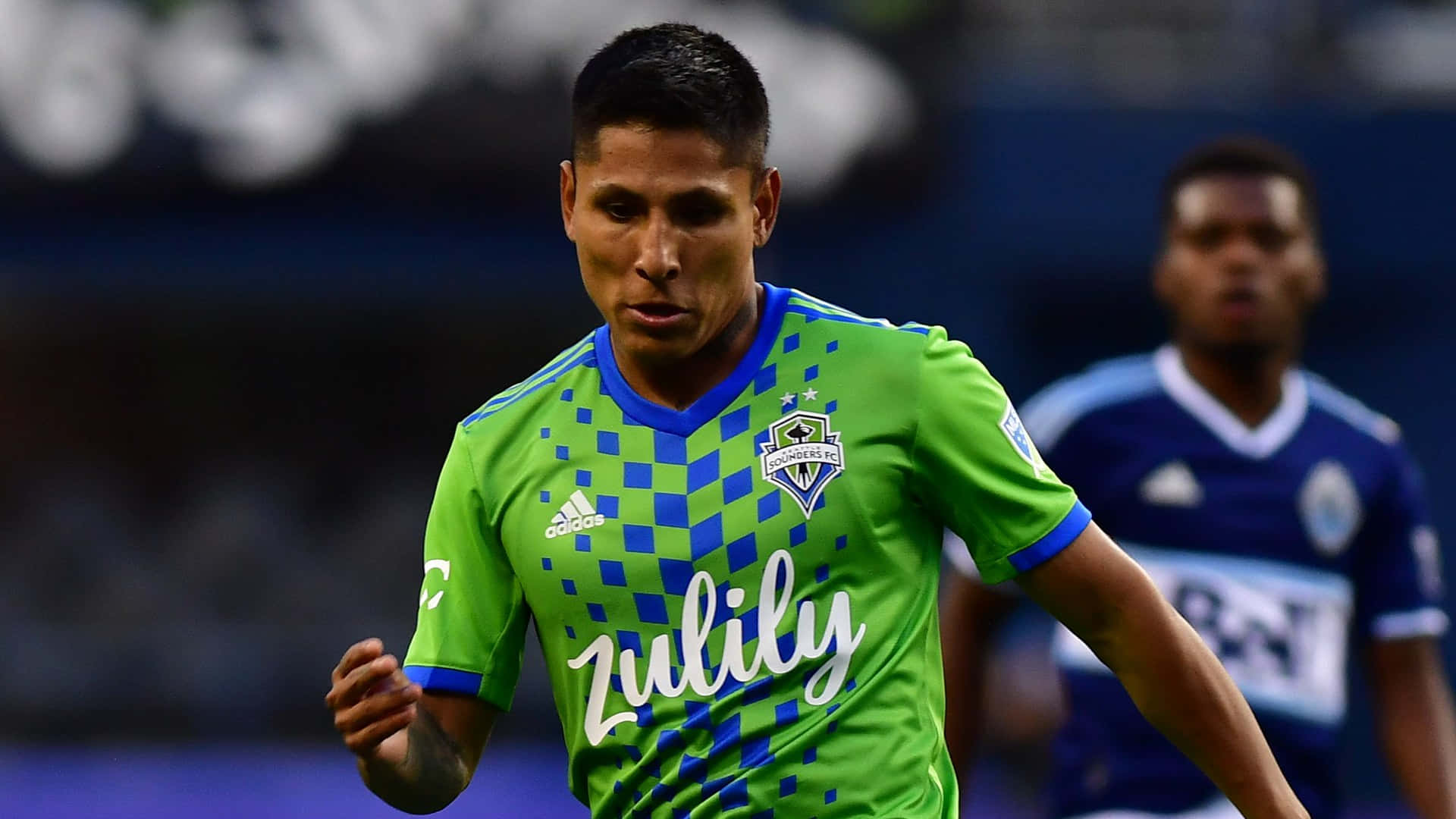 Raul Ruidiaz, vibrant green and blue checkered jersey, stadium lights, Full HD Desktop Wallpaper