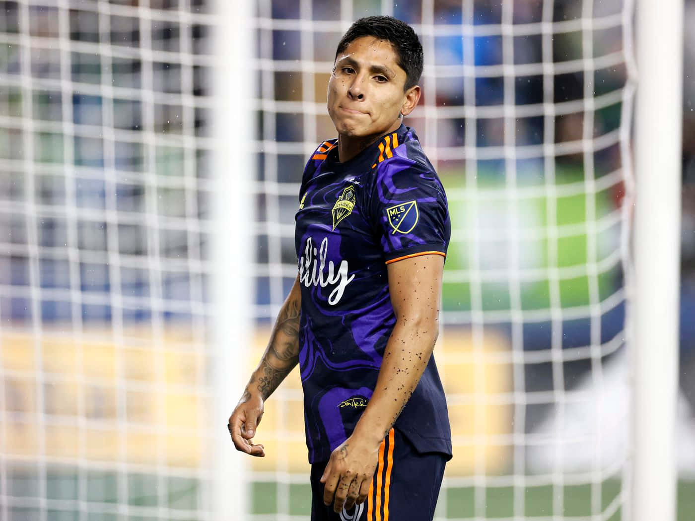 Raul Ruidiaz, purple jersey, goal net, HD Desktop Wallpaper