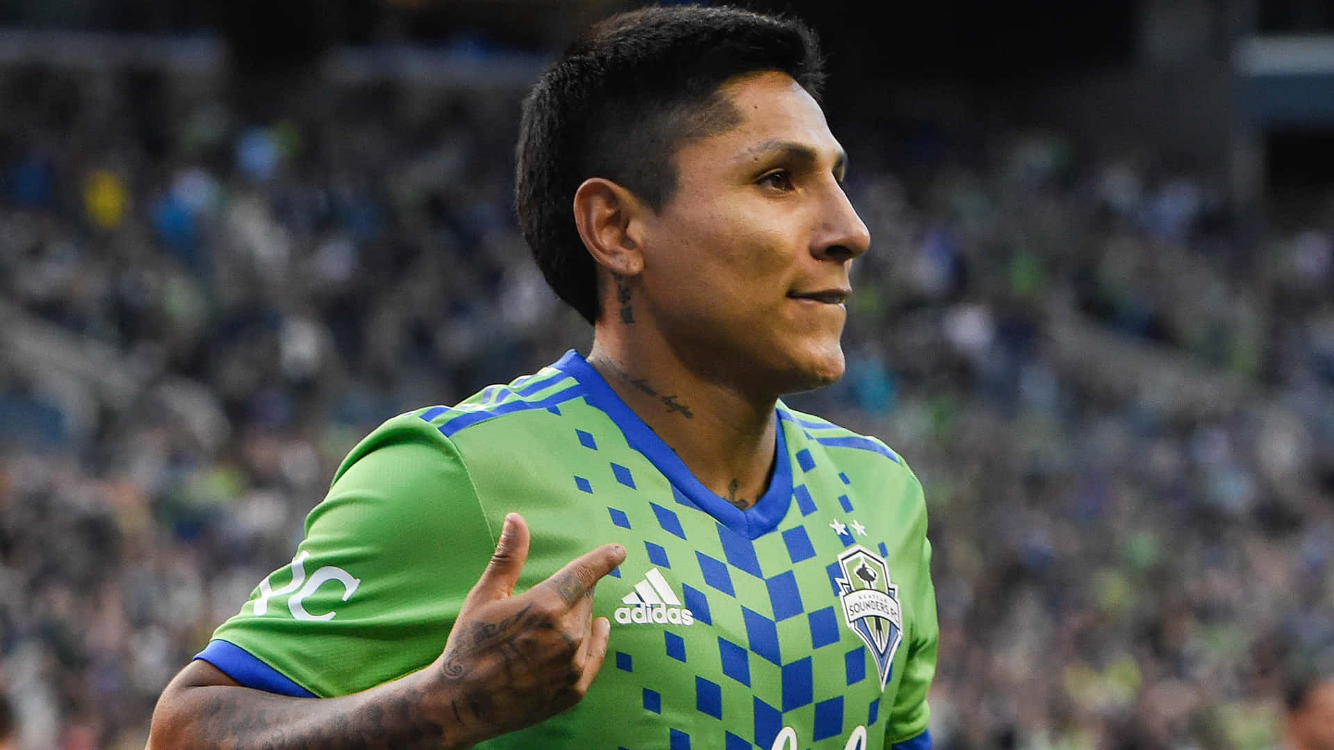 Raul Ruidiaz, green and blue checkered jersey, soccer field, Full HD Desktop Wallpaper