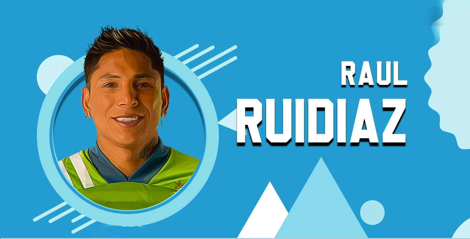 Raul Ruidiaz, green jersey, blue circular graphic, Full HD Desktop Wallpaper