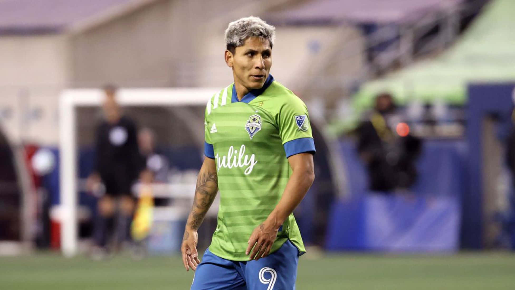 Raul Ruidiaz, green and blue jersey, number 9, Full HD Desktop Wallpaper