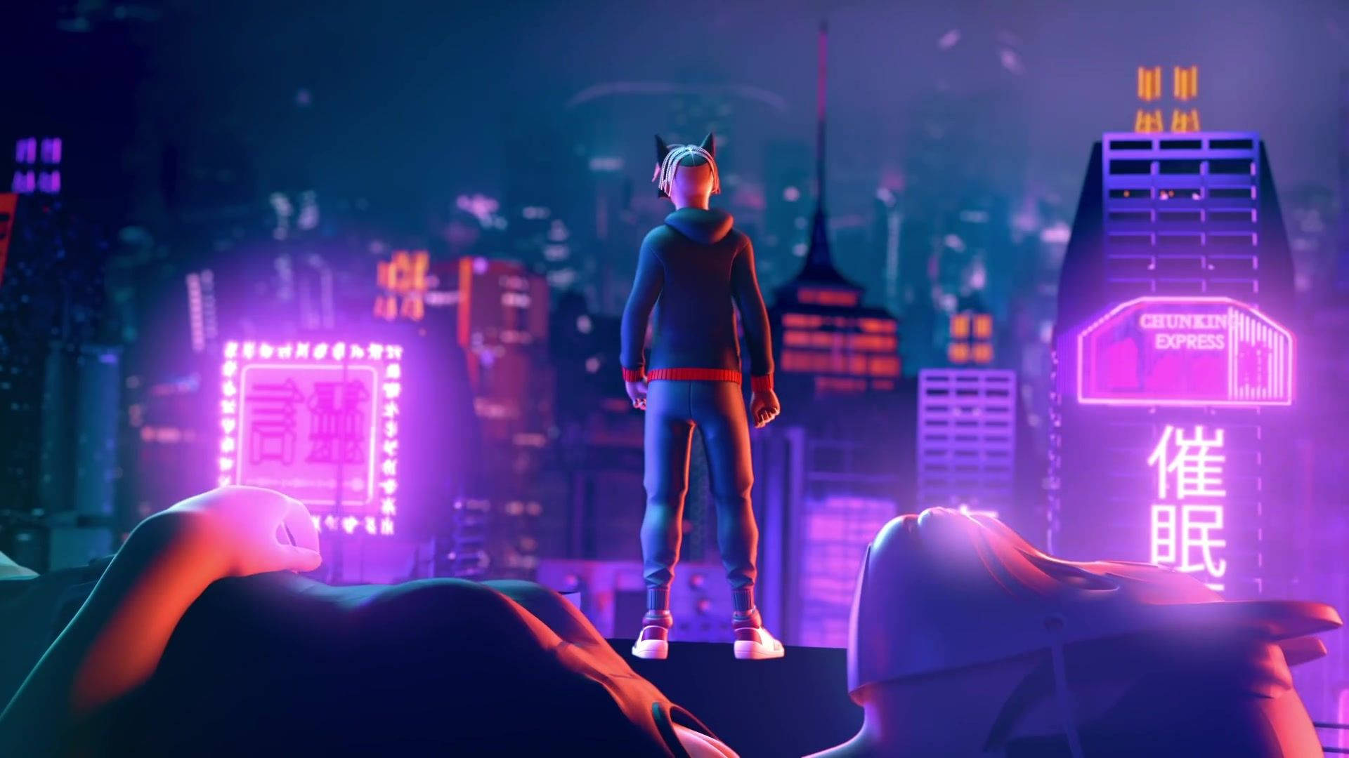 Rauw Alejandro, cat ears, glowing neon cityscape, Full HD Desktop Wallpaper