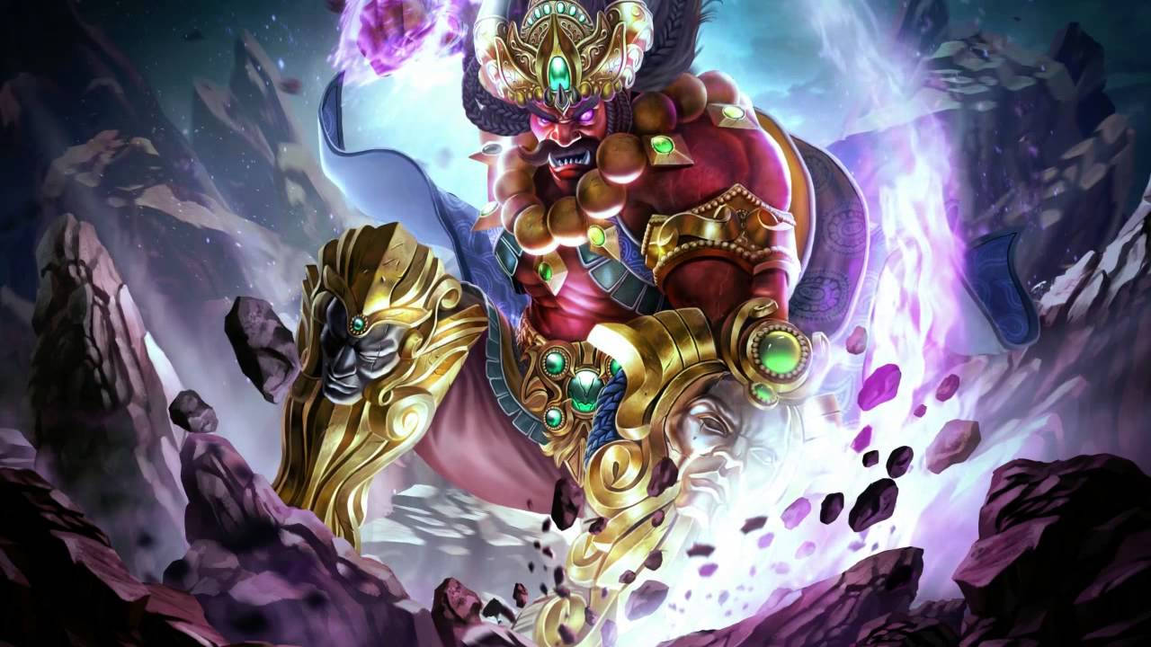 Ravana, fierce red-skinned demon king, ornate golden armor, HD Desktop Wallpaper