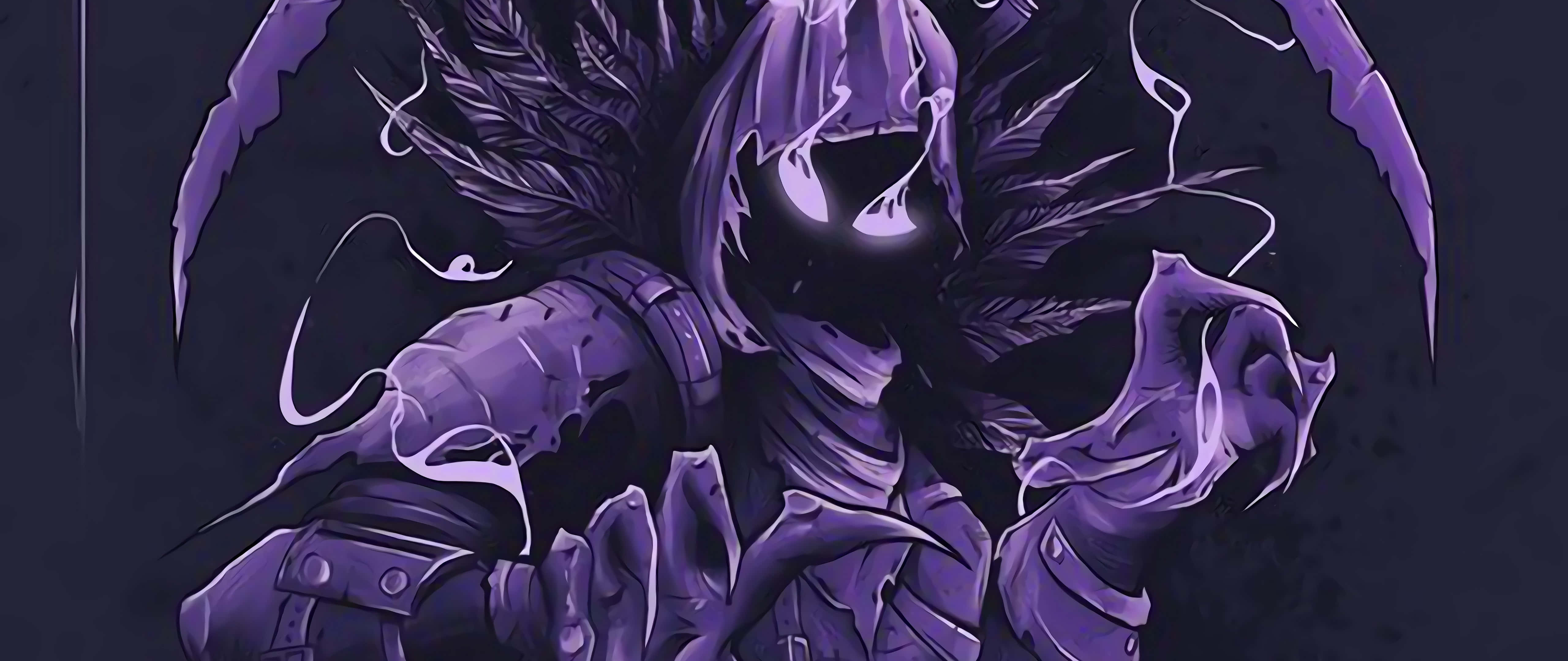 Raven Fortnite Skin, purple hooded figure, glowing eyes, 5K Desktop Wallpaper