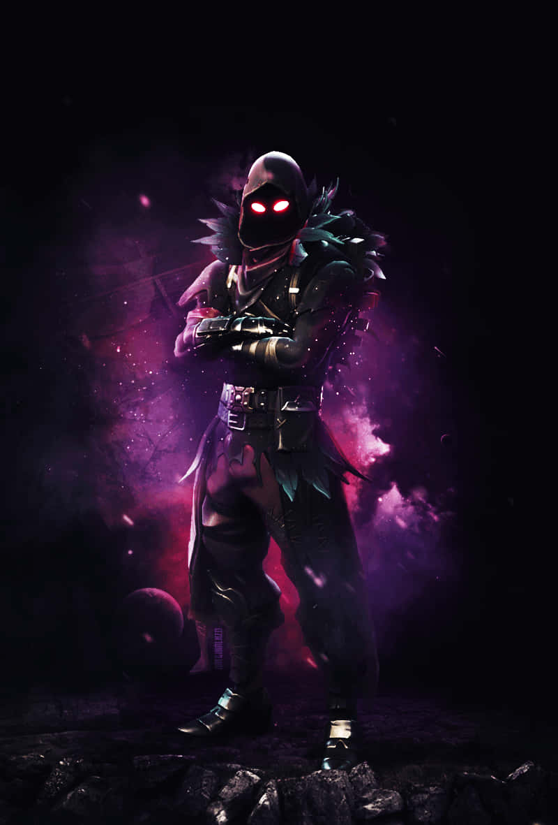Raven Fortnite Skin, glowing red eyes, rocky terrain, SD Phone Wallpaper