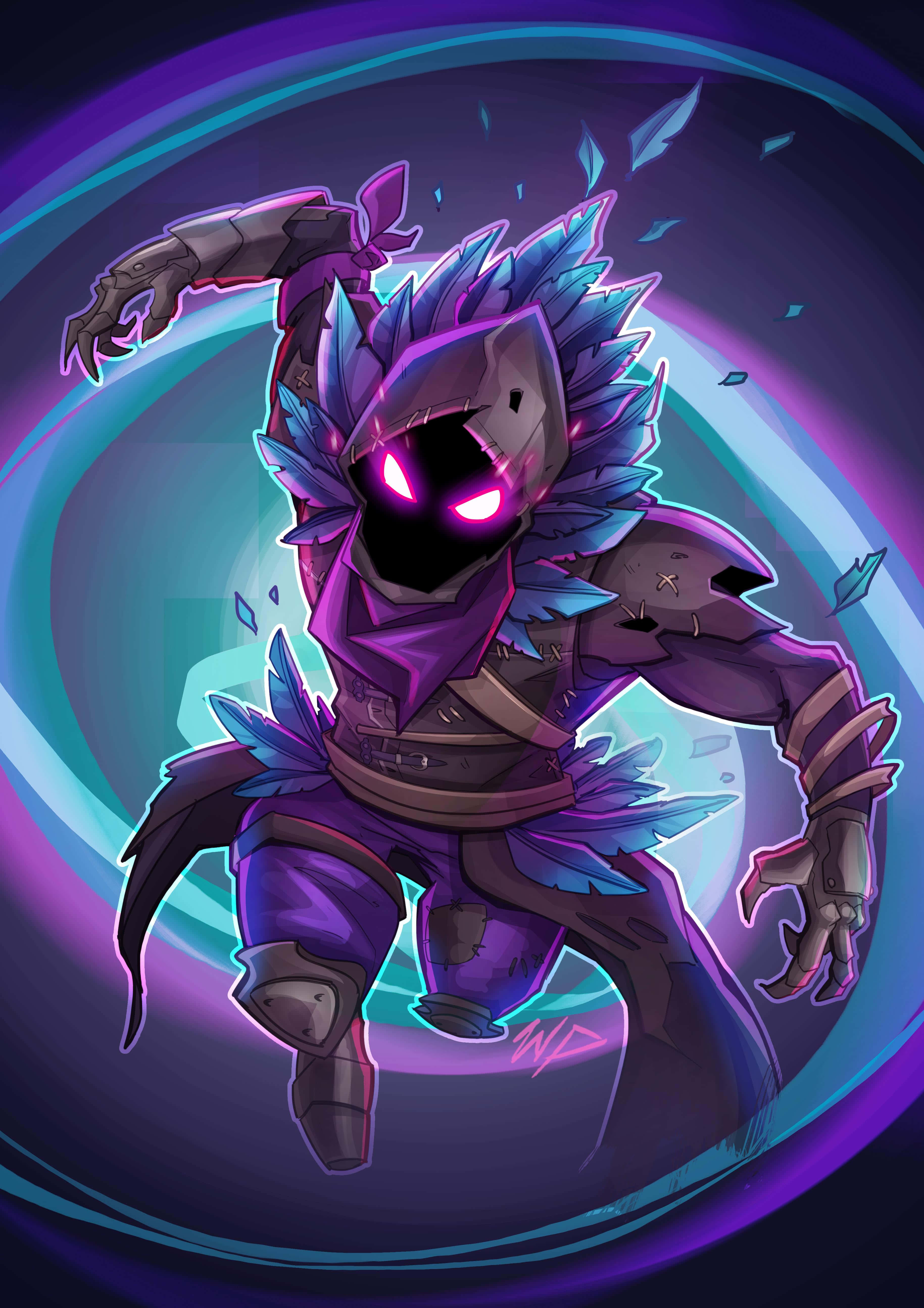 Raven Fortnite Skin, purple armored ninja, glowing pink eyes, 5K Phone Wallpaper