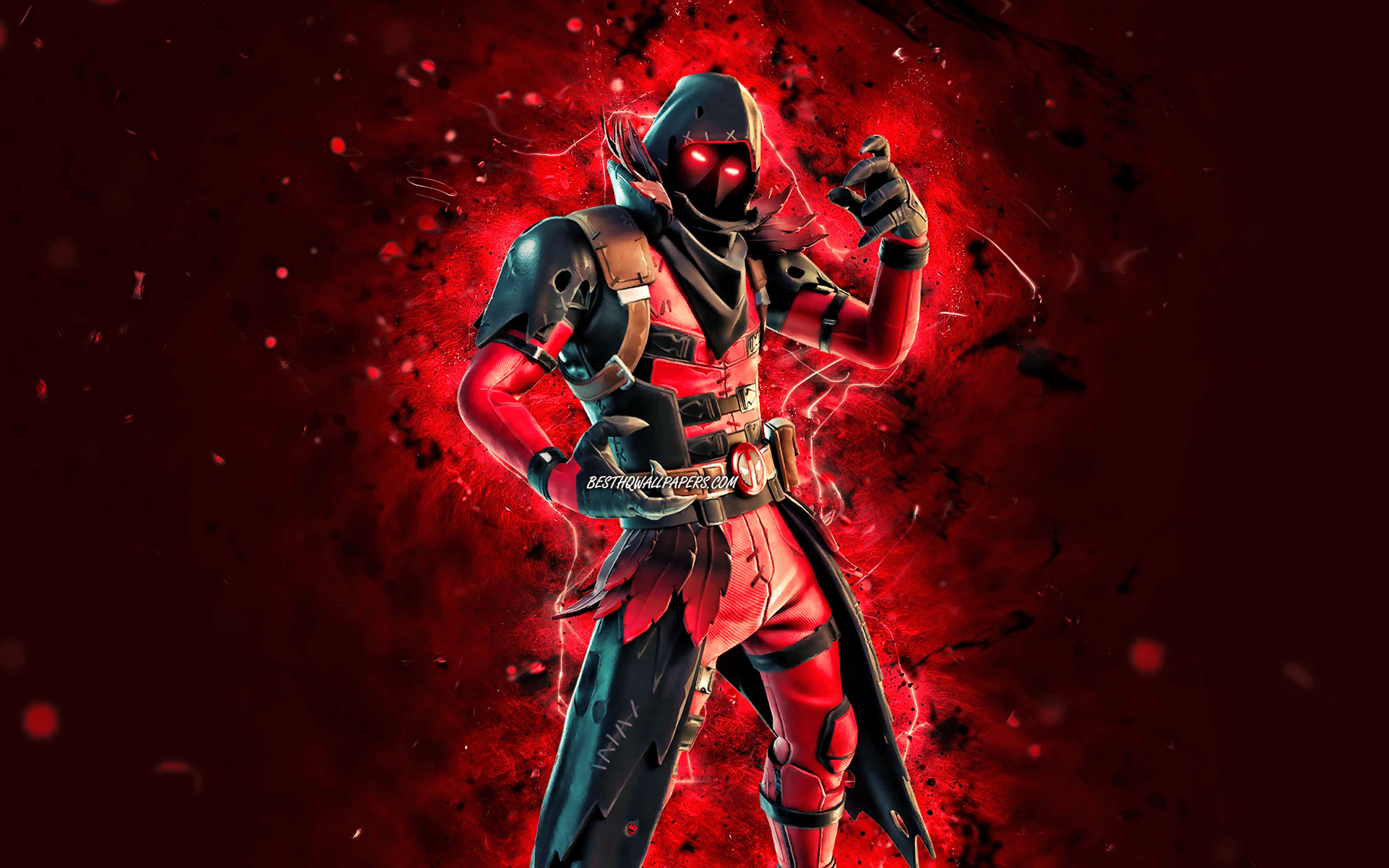 Raven Fortnite Skin, hooded warrior, glowing red eyes, 4K Desktop Wallpaper
