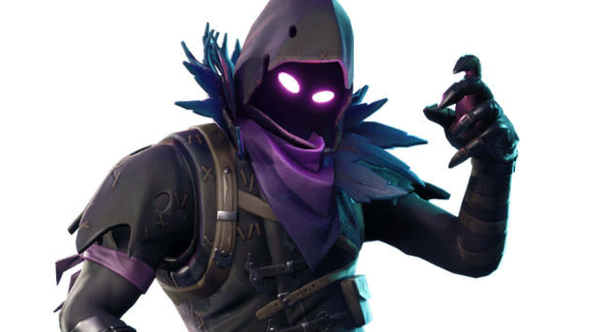 Raven Fortnite Skin, glowing purple eyes, dark hooded armor, Full HD Desktop Wallpaper