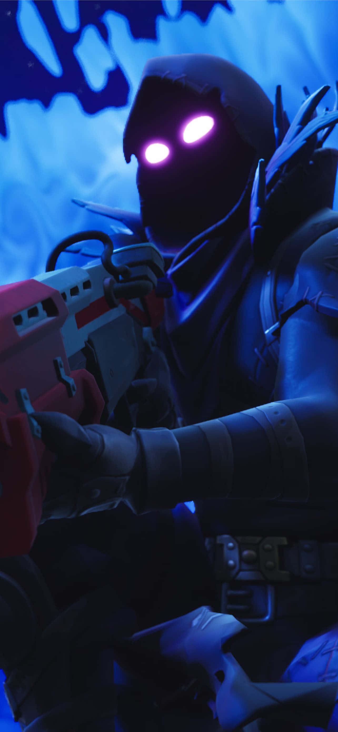 Raven Fortnite Skin, glowing purple eyes, red and white weapon, 2K Phone Wallpaper