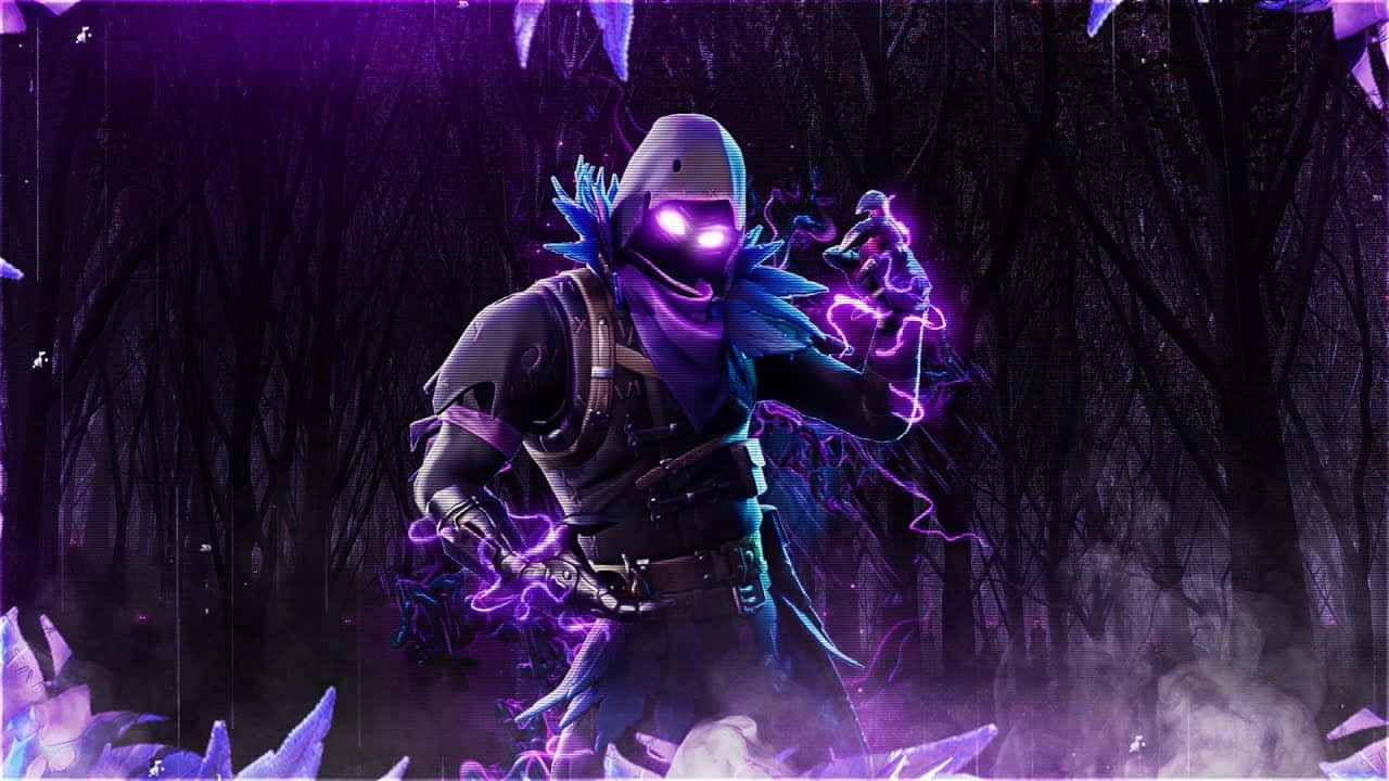 Raven Fortnite Skin, glowing purple armored figure, electric energy, HD Desktop Wallpaper