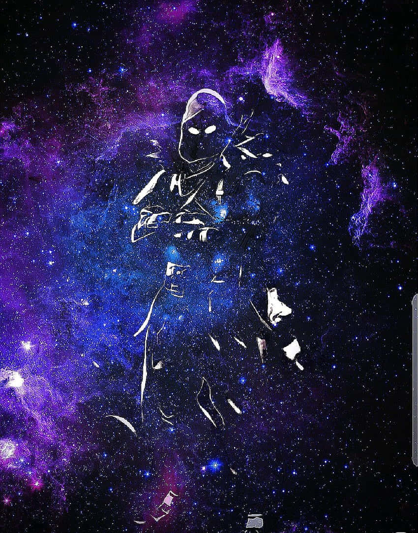 Raven Fortnite Skin, hooded figure, vibrant purple and blue cosmic nebula, SD Phone Wallpaper
