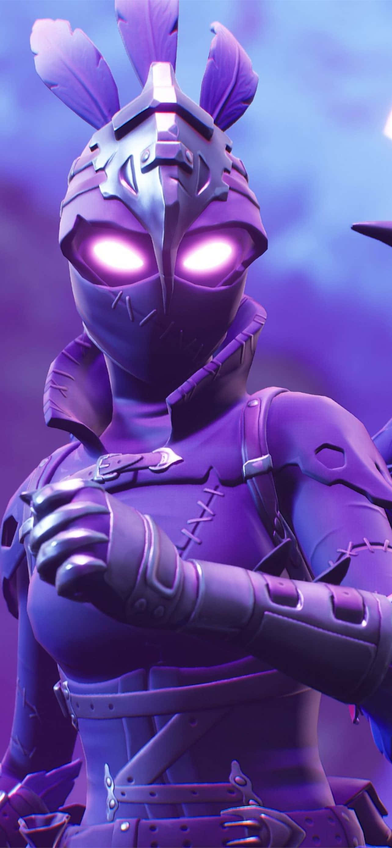 Raven Fortnite Skin, purple armored character, glowing eyes, 2K Phone Wallpaper