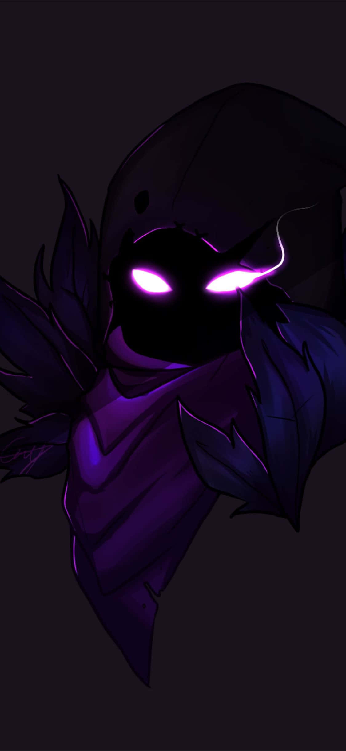 Raven Fortnite Skin, dark hooded figure, glowing purple eyes, Full HD Phone Wallpaper