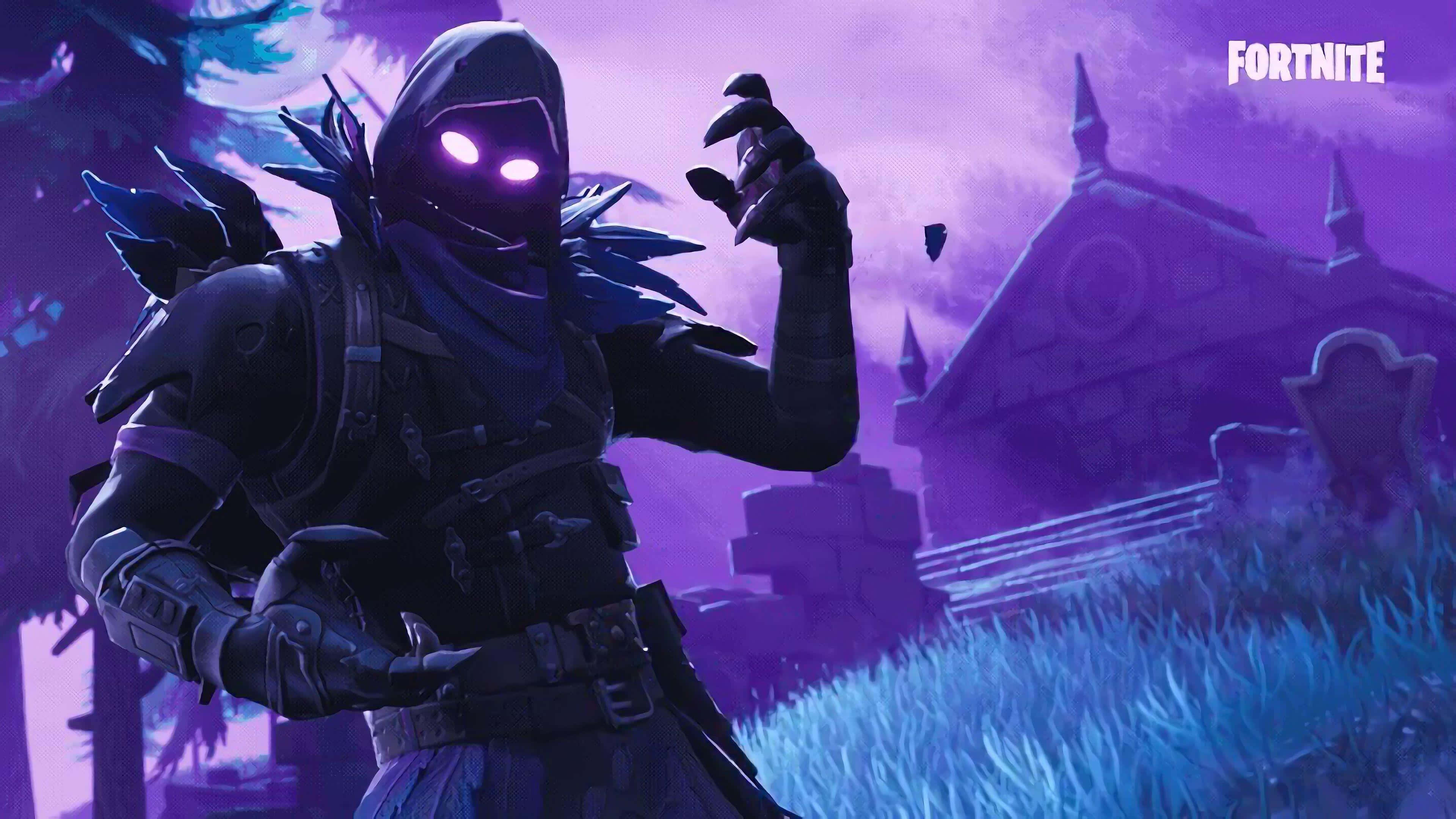 Raven Fortnite, glowing purple eyes, clawed gloves, 4K Desktop Wallpaper