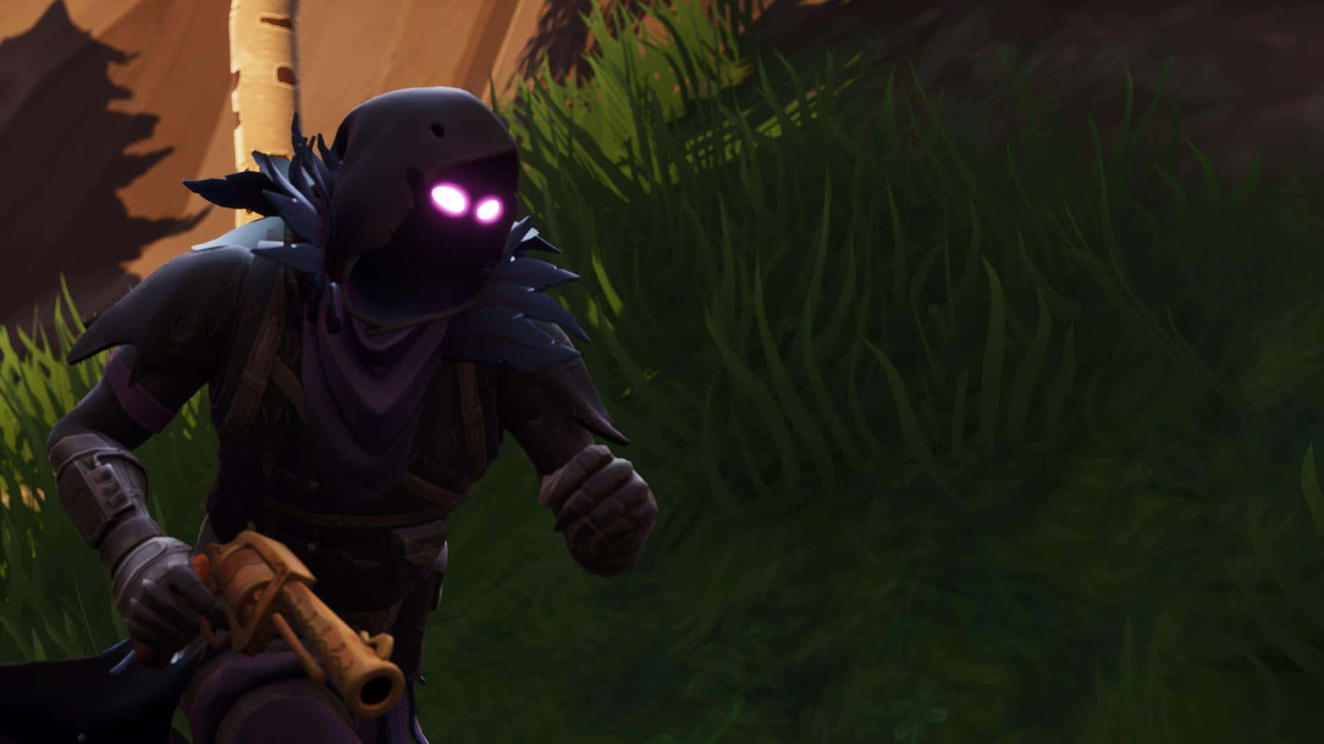 Raven Fortnite, glowing purple eyes, hooded figure, Full HD Desktop Wallpaper