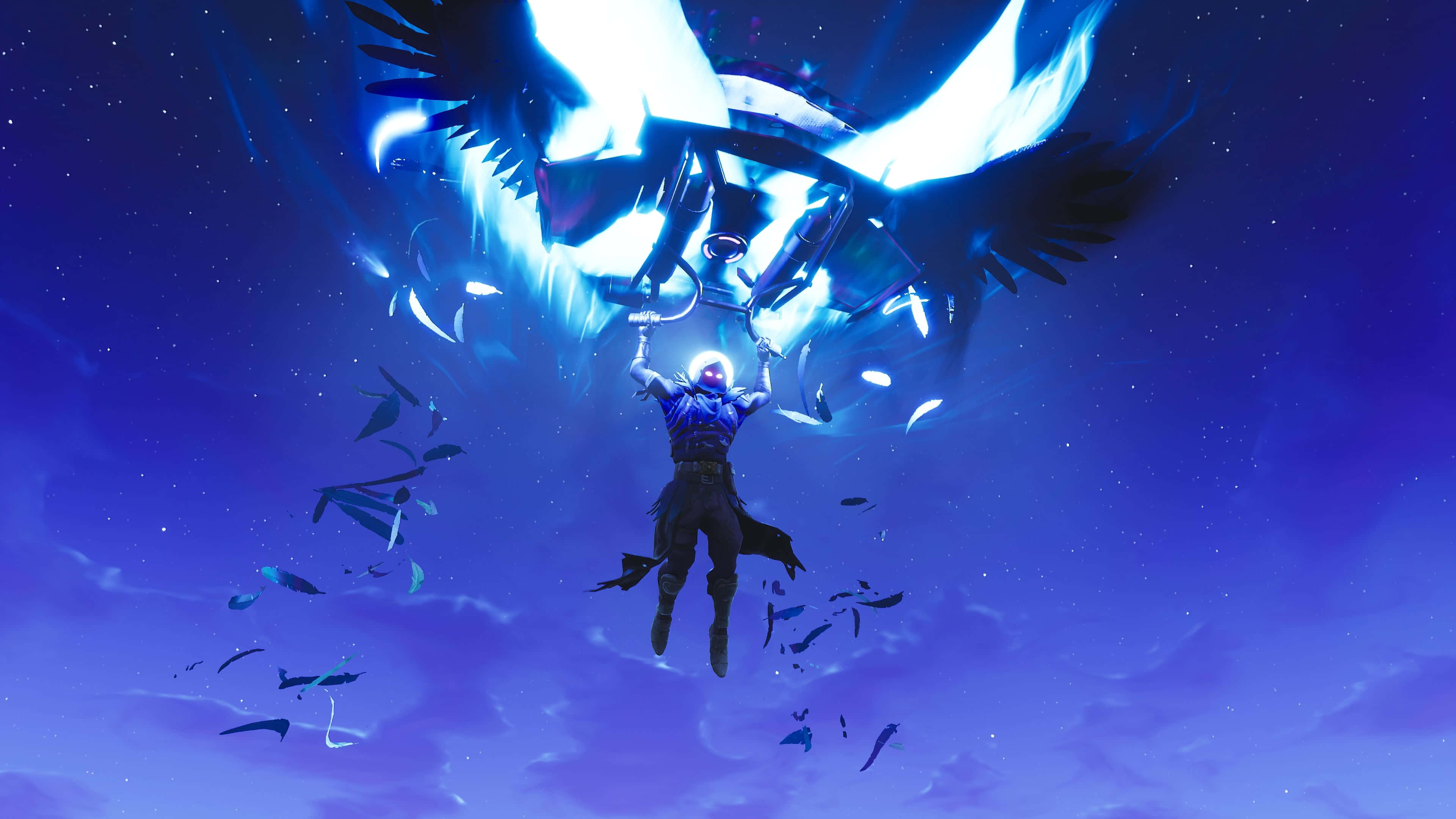 Raven Fortnite, glowing wings, starry purple sky, 4K Desktop Wallpaper