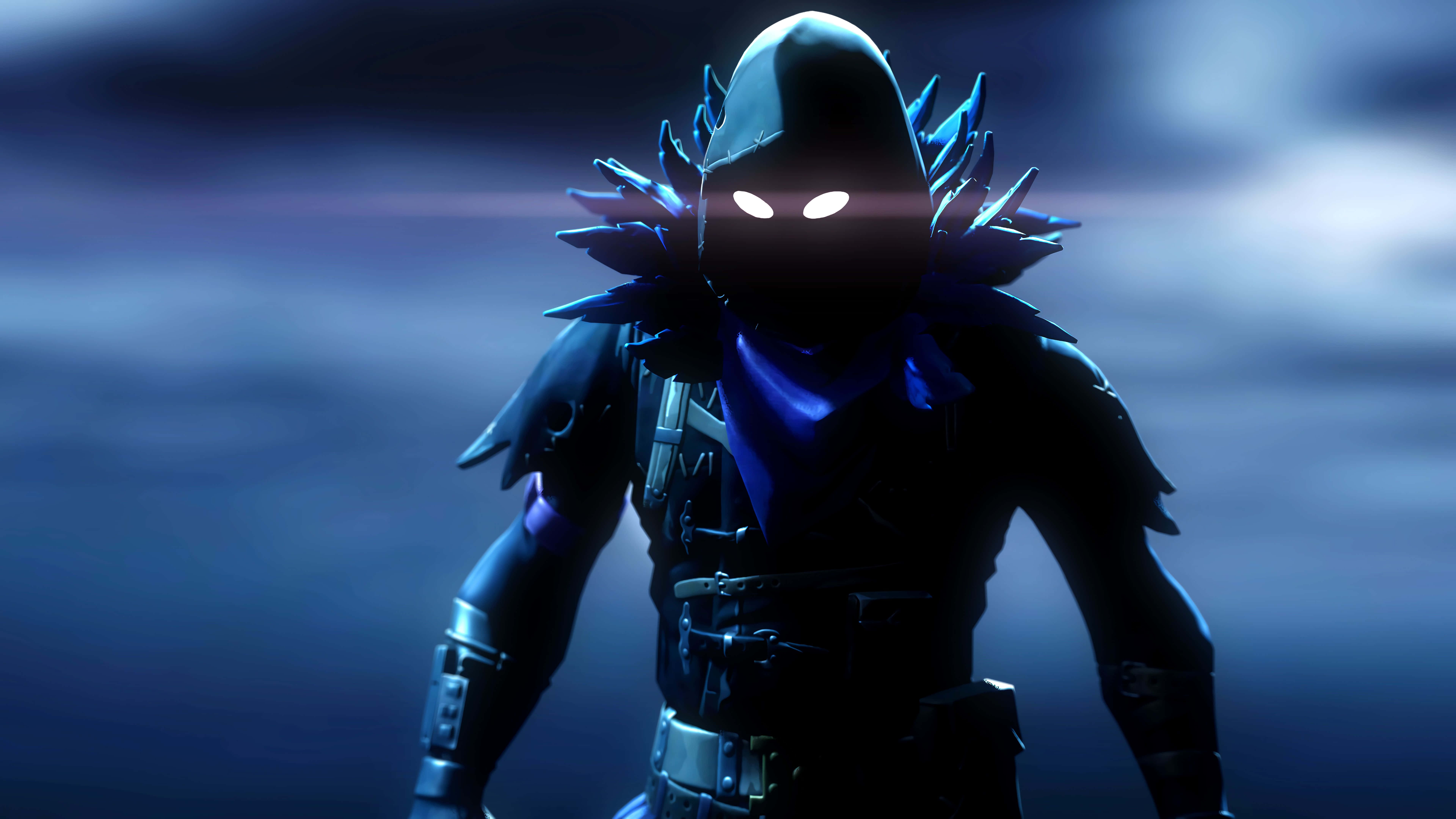 Raven Fortnite, glowing white eyes, blue spiked collar, 8K Desktop Wallpaper