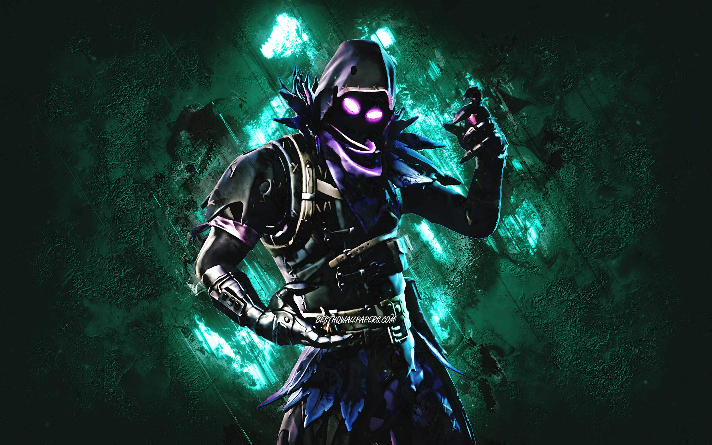 Raven Fortnite skin, Raven Outfit, glowing purple eyes, 2K Desktop Wallpaper