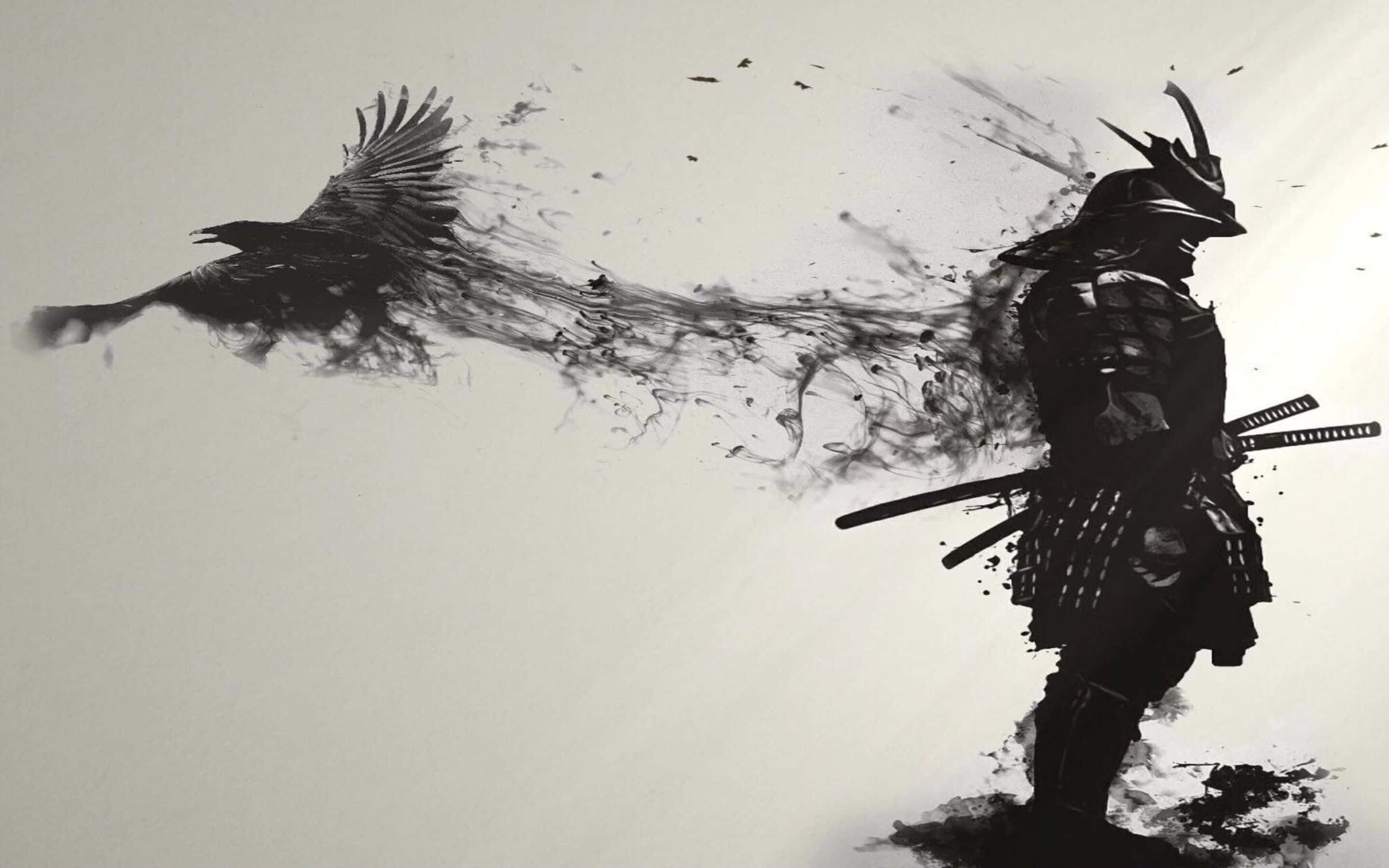 Raven Fortnite skin, samurai warrior, black ink silhouette, 2K Desktop Wallpaper