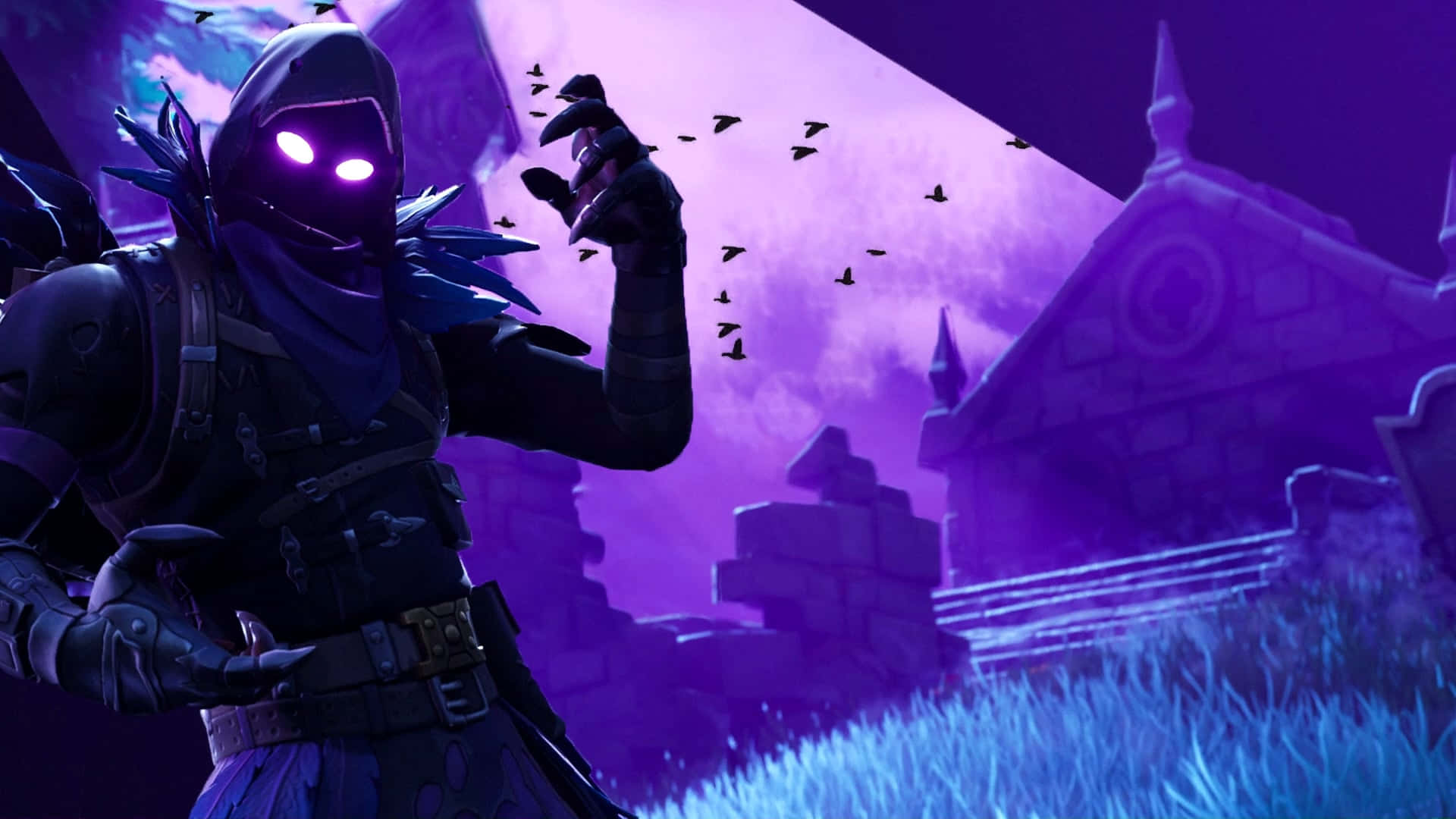 Fortnite Raven Skin, nighttime backdrop, glowing purple eyes, Full HD Desktop Wallpaper