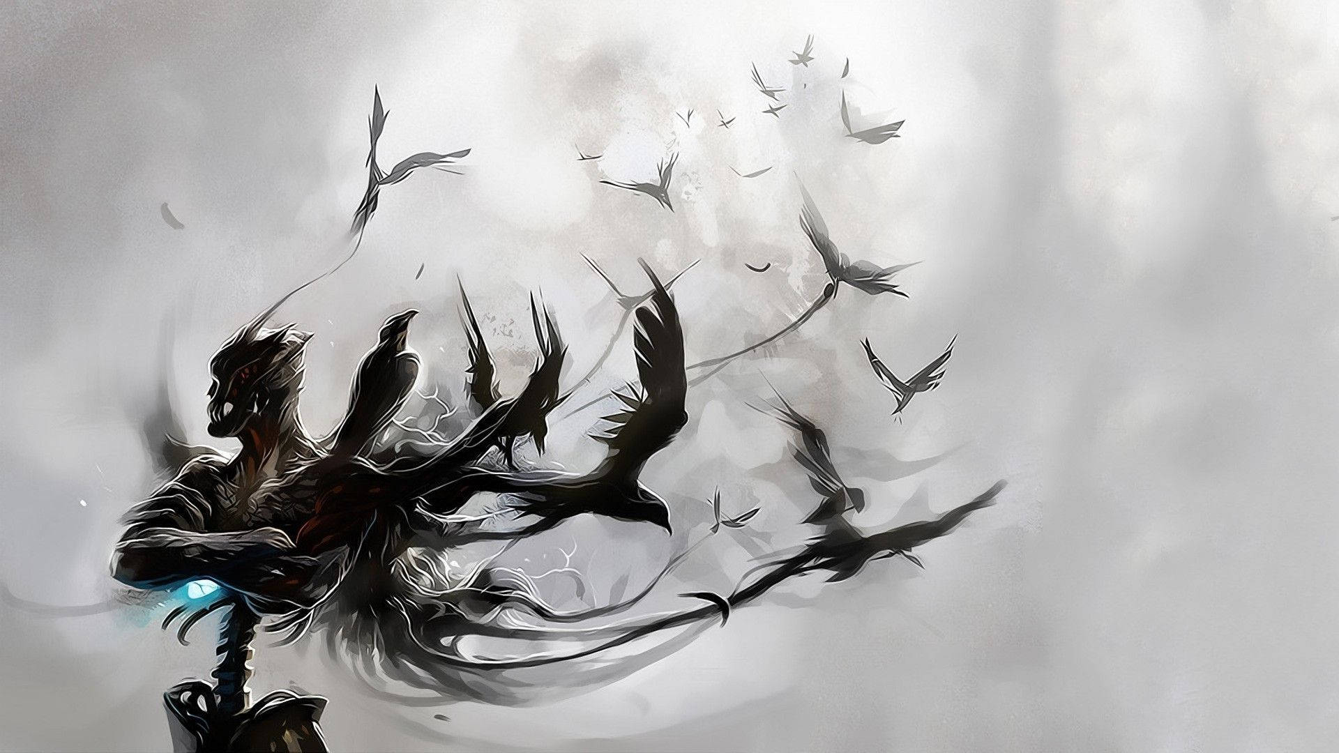 Raven Man, glowing blue eyes, outstretched wings, Full HD Desktop Wallpaper